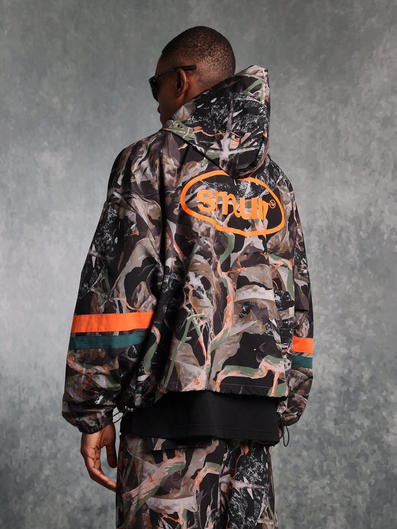 Regular Fit Camo Printed Zip Through Nylon Track Hoodie Jacket With Back Graphic Print