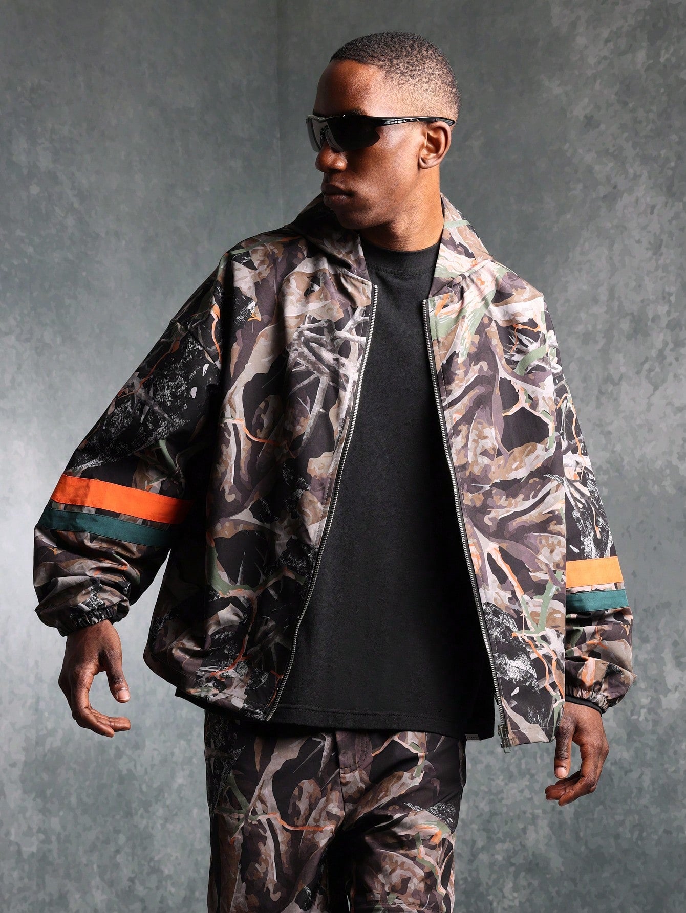 Regular Fit Camo Printed Zip Through Nylon Track Hoodie Jacket With Back Graphic Print