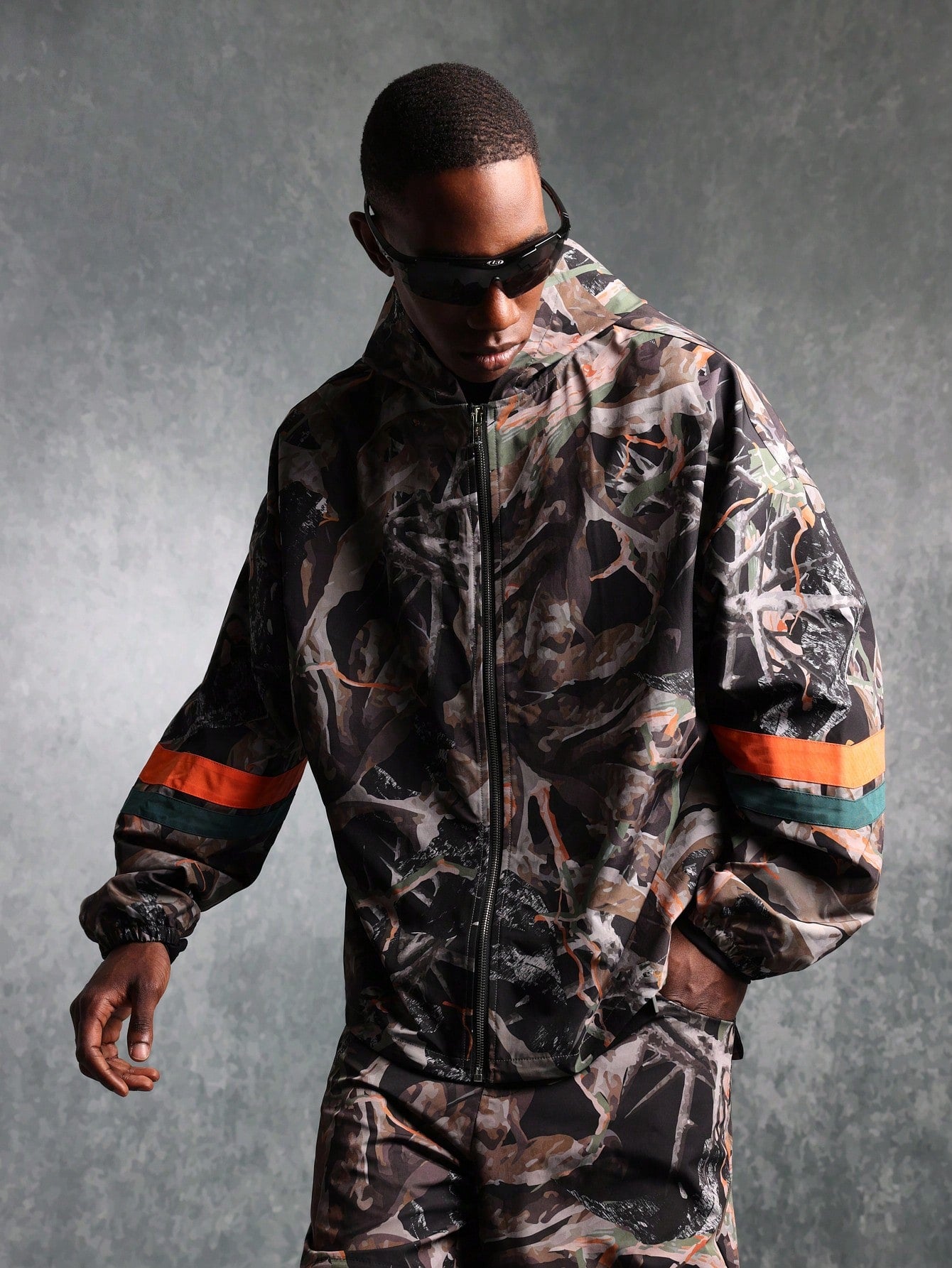 Regular Fit Camo Printed Zip Through Nylon Track Hoodie Jacket With Back Graphic Print