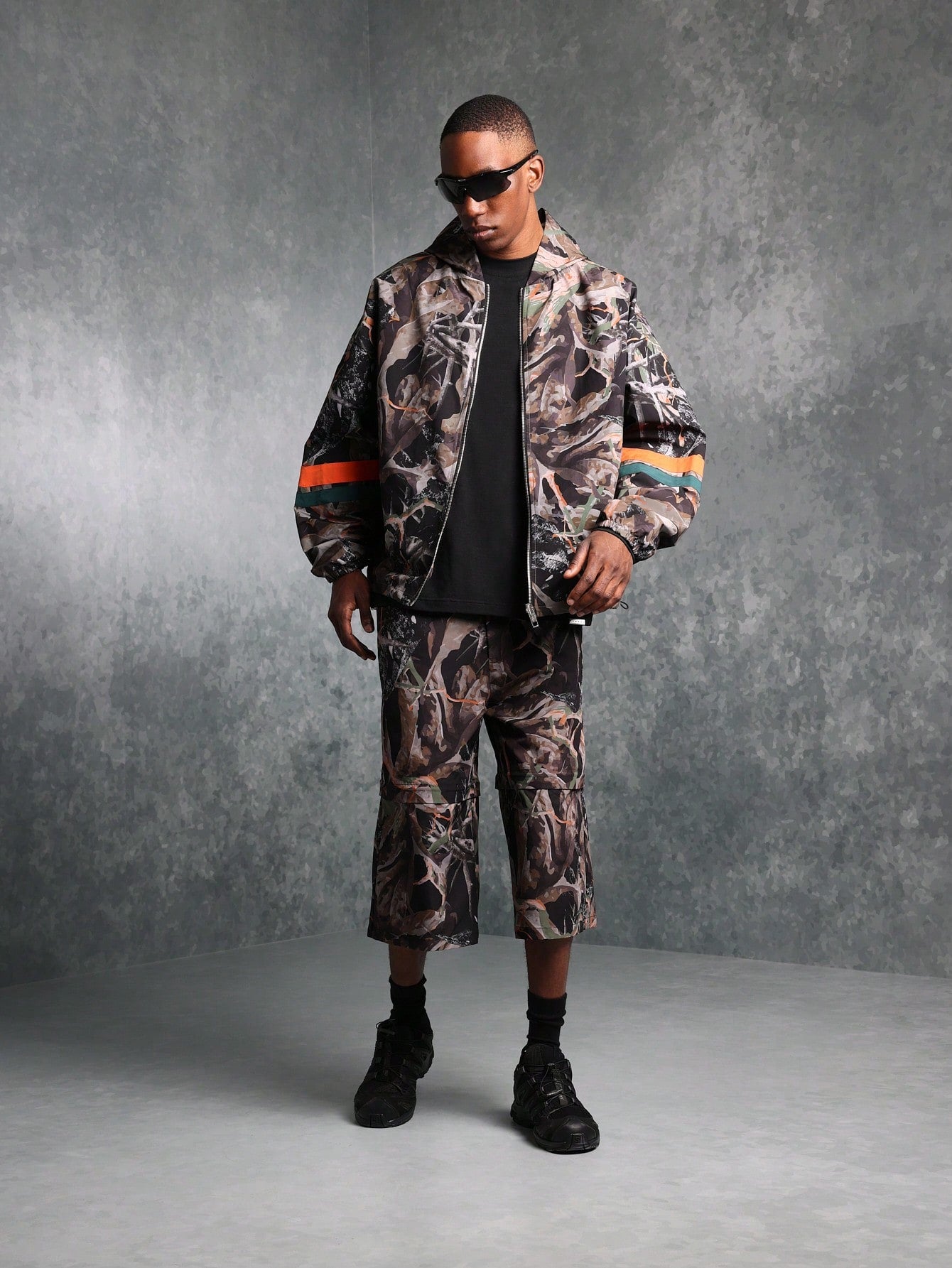 Regular Fit Camo Printed Zip Through Nylon Track Hoodie Jacket With Back Graphic Print