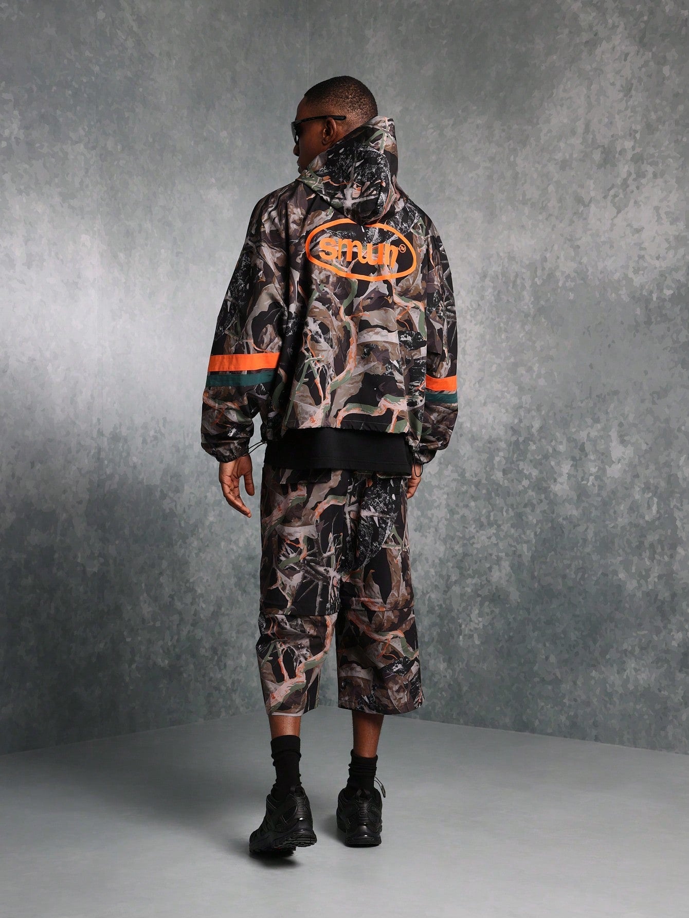 Regular Fit Camo Printed Zip Through Nylon Track Hoodie Jacket With Back Graphic Print