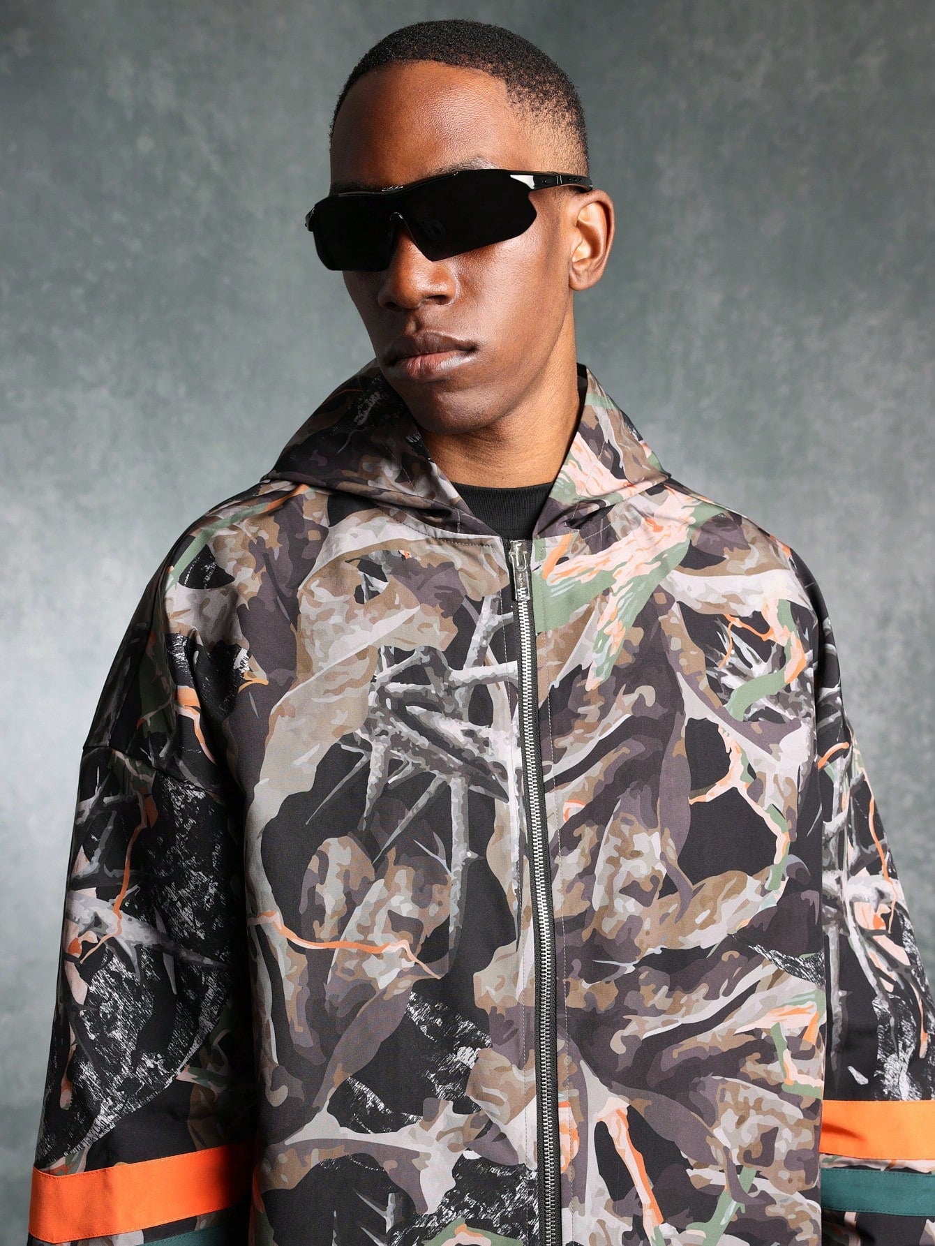 Regular Fit Camo Printed Zip Through Nylon Track Hoodie Jacket With Back Graphic Print