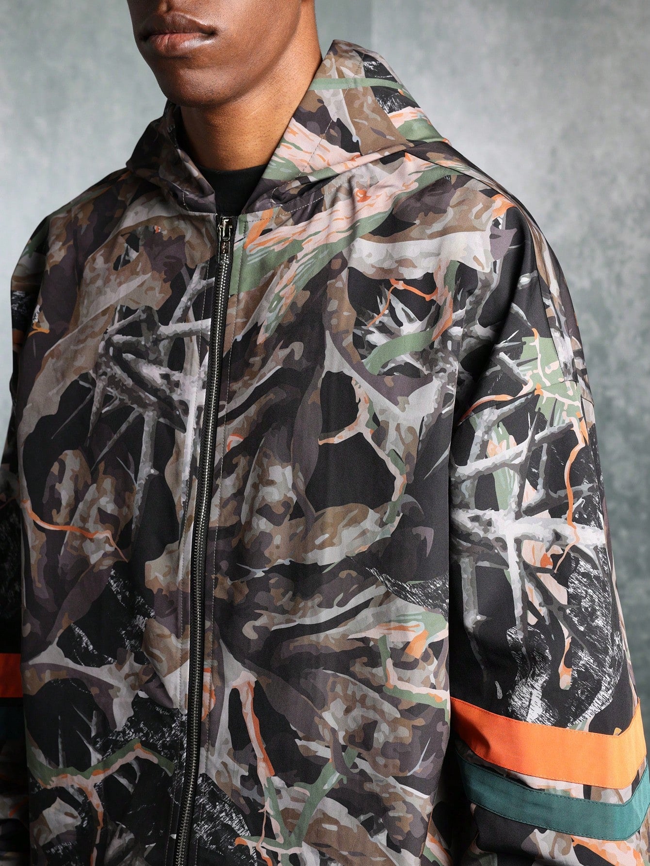 Regular Fit Camo Printed Zip Through Nylon Track Hoodie Jacket With Back Graphic Print