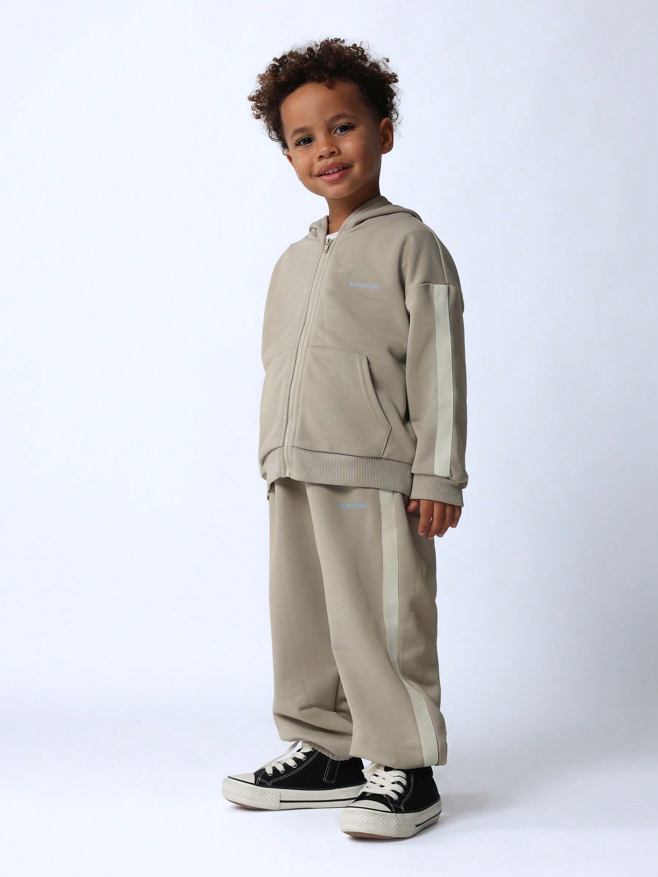 Young Boys Comfy Zip-Up Hoodie And Jogger With Side Tape & Small Graphic Print 2 Piece Set