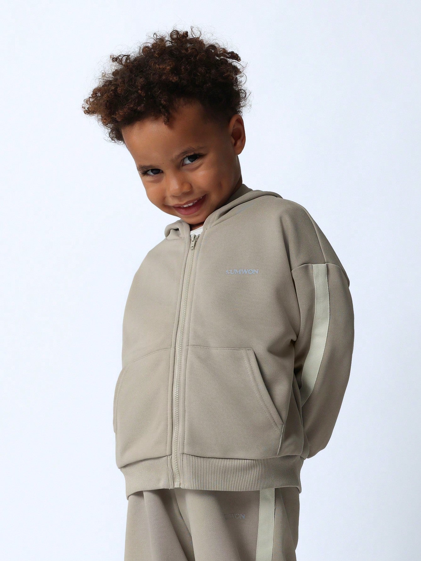 Young Boys Comfy Zip-Up Hoodie And Jogger With Side Tape & Small Graphic Print 2 Piece Set