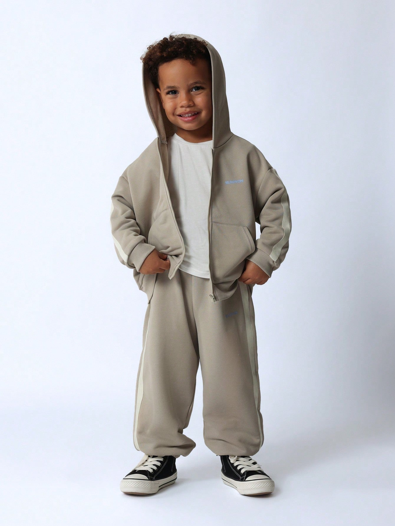 Young Boys Comfy Zip-Up Hoodie And Jogger With Side Tape & Small Graphic Print 2 Piece Set