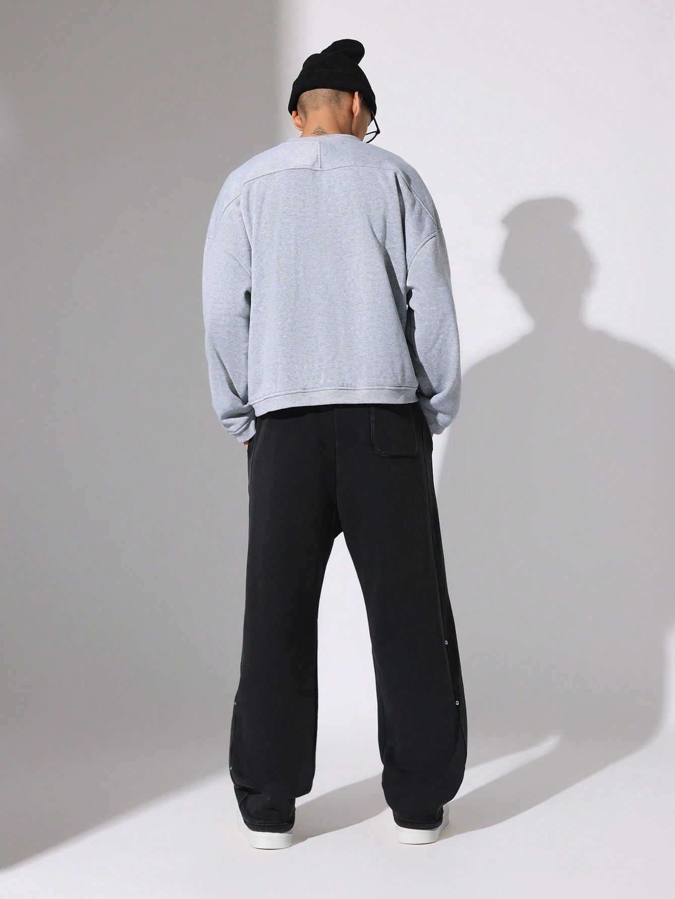 Washed Drop Crotch Sweatpants With Rivet Panel & Embroidered Applique