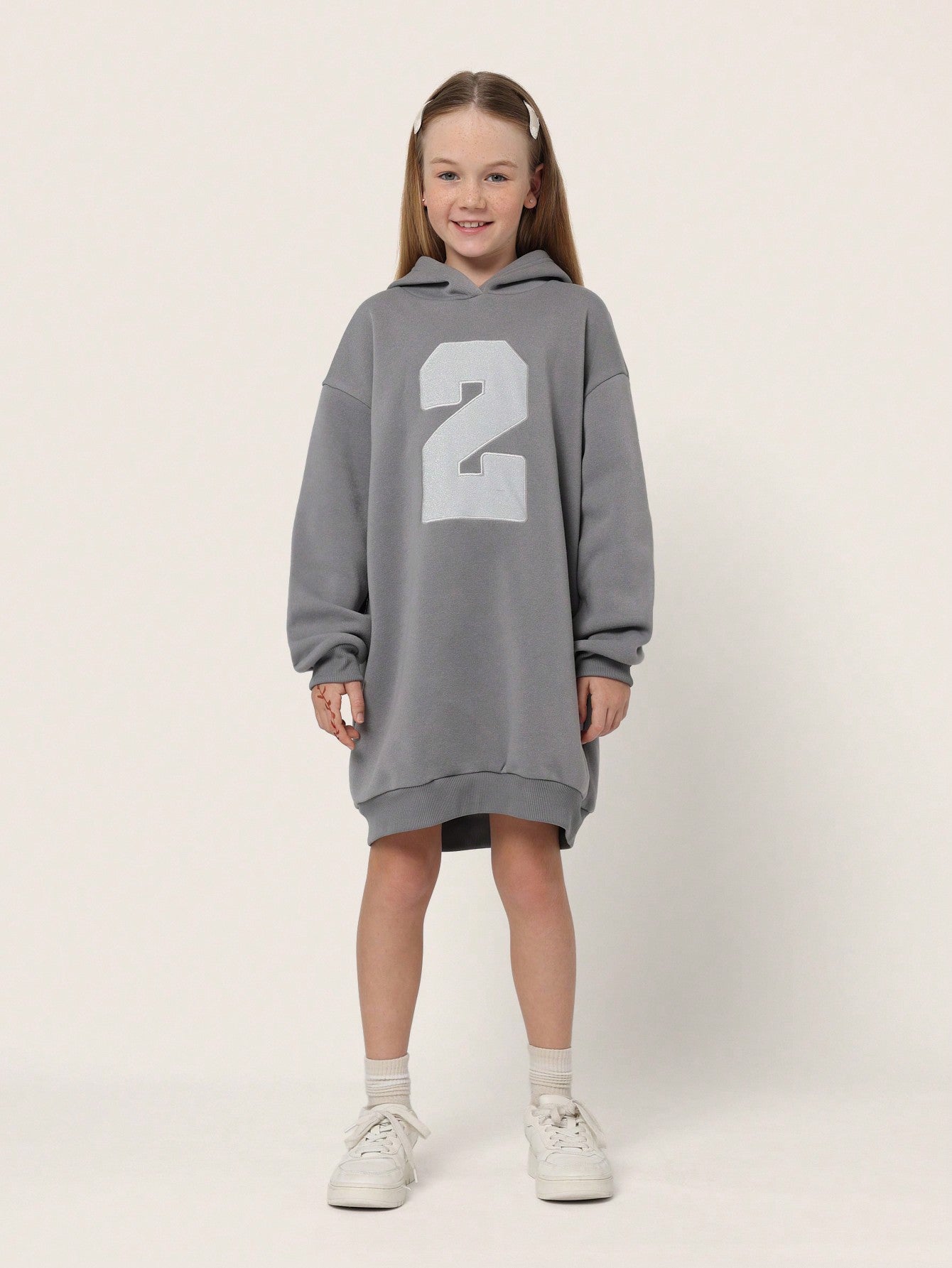 Tween Girls Comfy Oversized Fit Hoody Dress With Glitter Number Patch