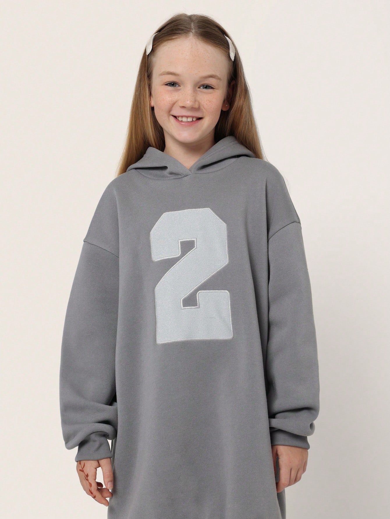 Tween Girls Comfy Oversized Fit Hoody Dress With Glitter Number Patch