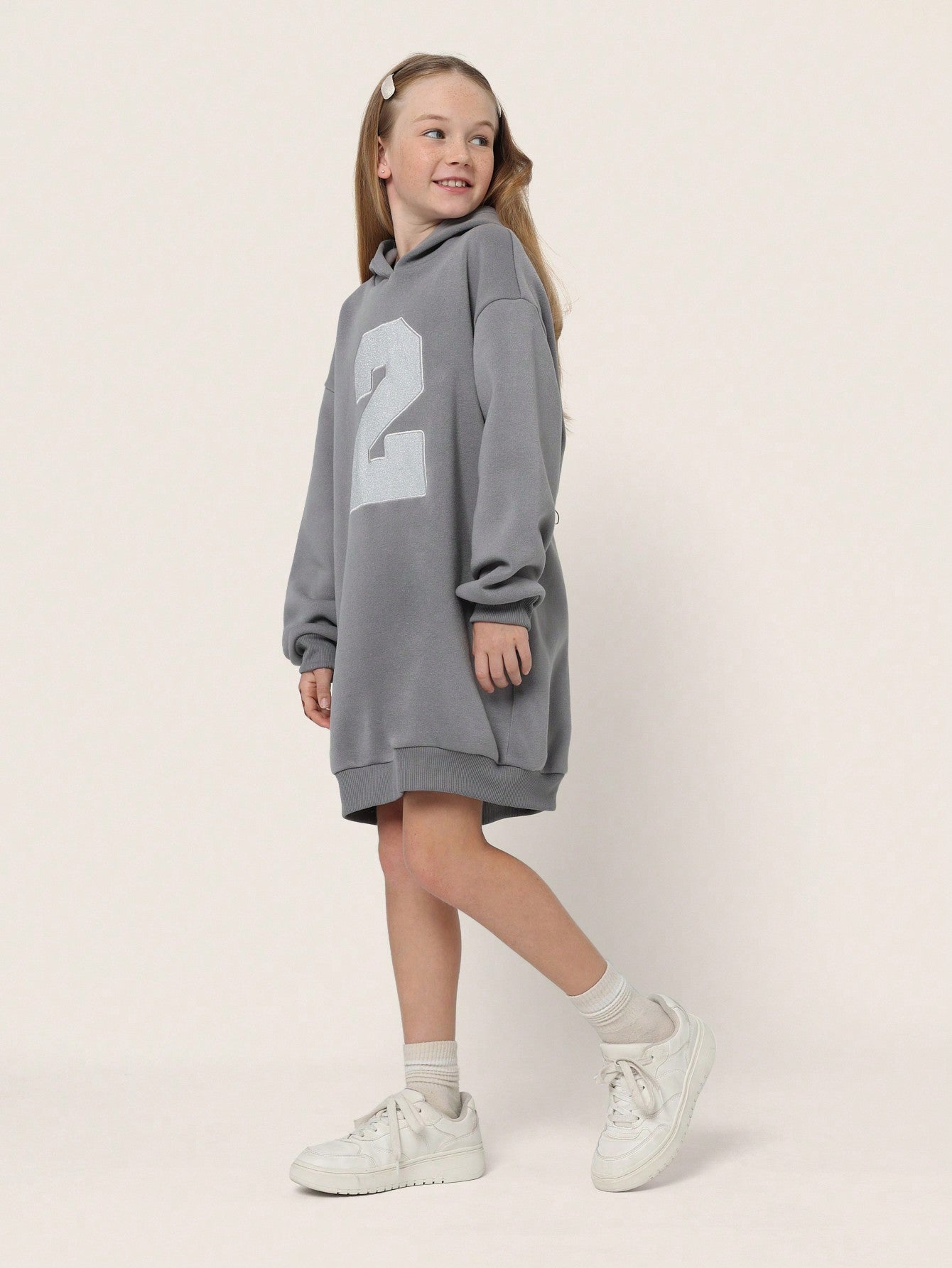 Tween Girls Comfy Oversized Fit Hoody Dress With Glitter Number Patch