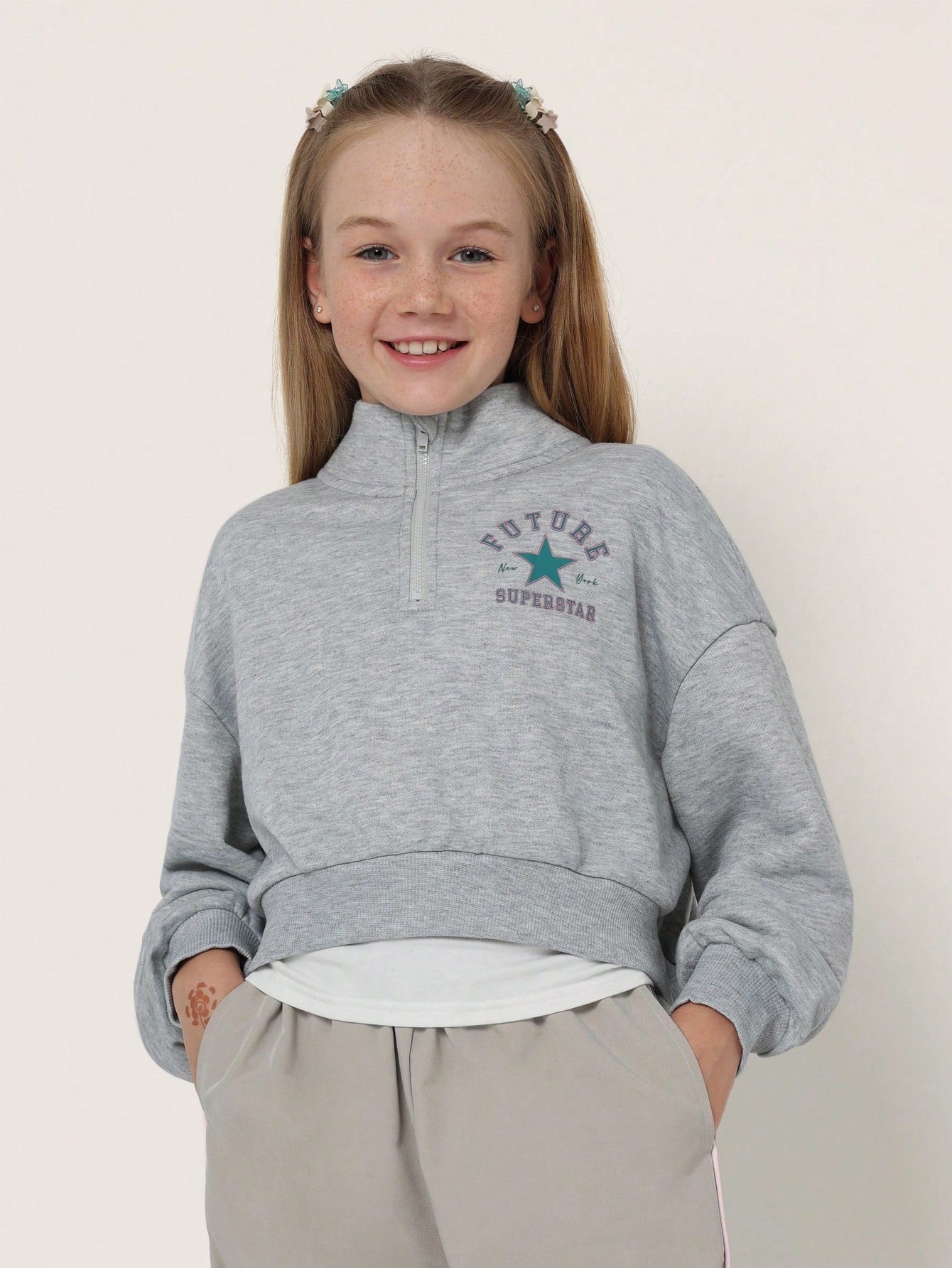 Tween Girls Comfy Crop Fit Funnel Neck Half Zip Sweatshirt With Small Graphic Print