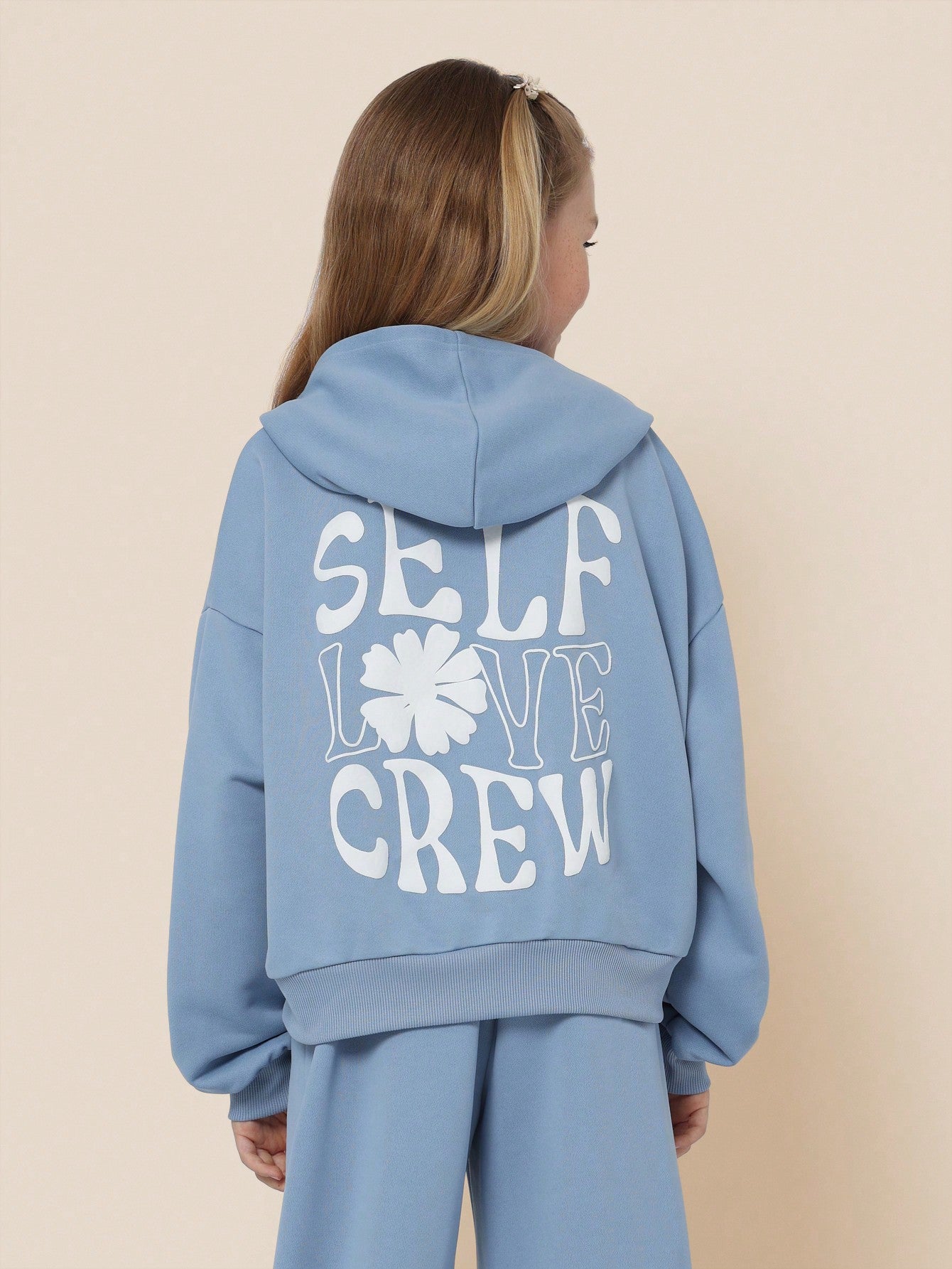 Tween Girls Comfy Regular Fit Overhead Hoodie And Jogger With Self Love Crew Puff Graphic Print 2 Piece Set