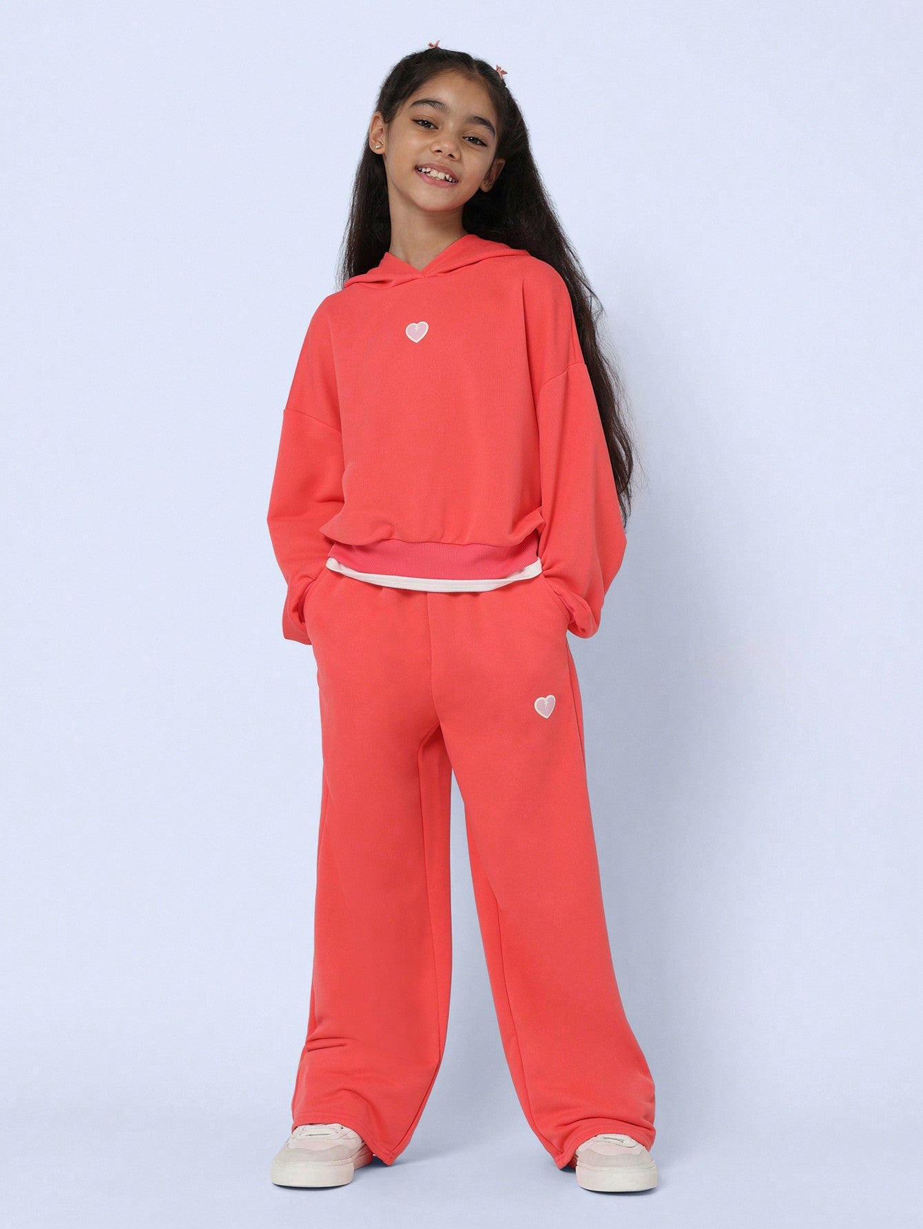 Tween Girls Comfy Bright Double Layer Hoodie And Sweatpants With Heart Patch 2 Piece Set