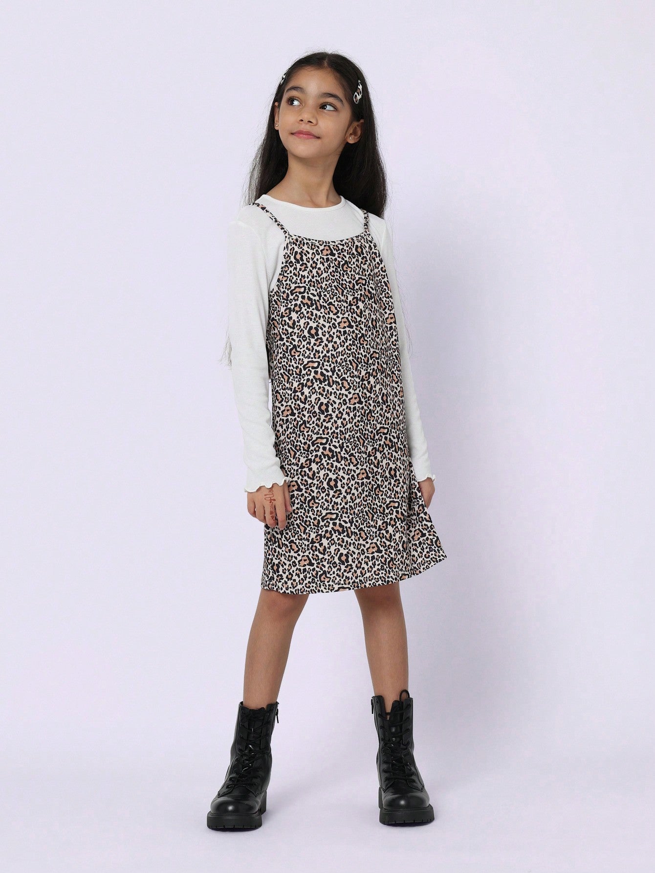 Tween Girls Comfy 2 In 1 Slim Fit Long Sleeve Shirt And Leopard Cami Dress