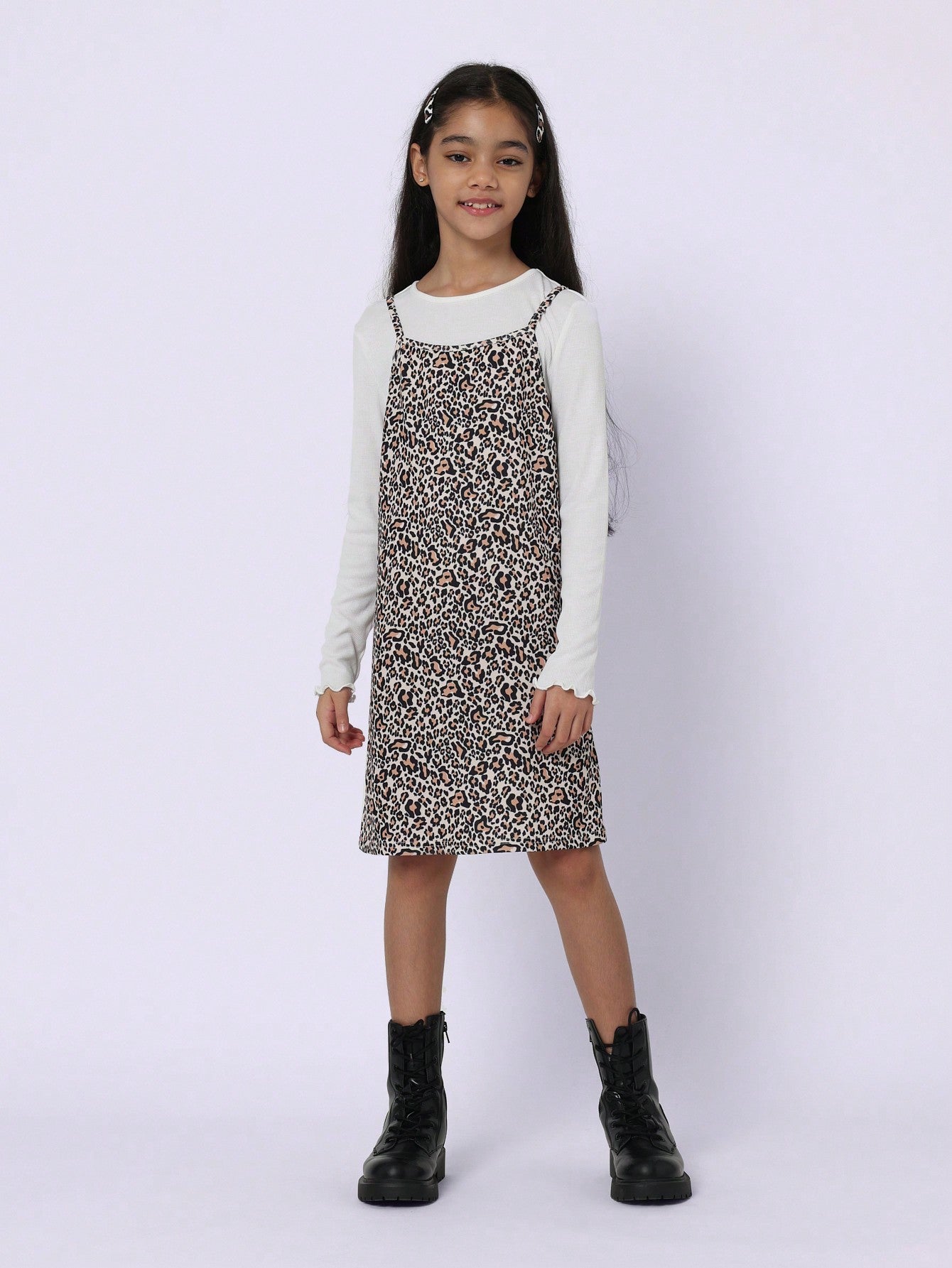 Tween Girls Comfy 2 In 1 Slim Fit Long Sleeve Shirt And Leopard Cami Dress