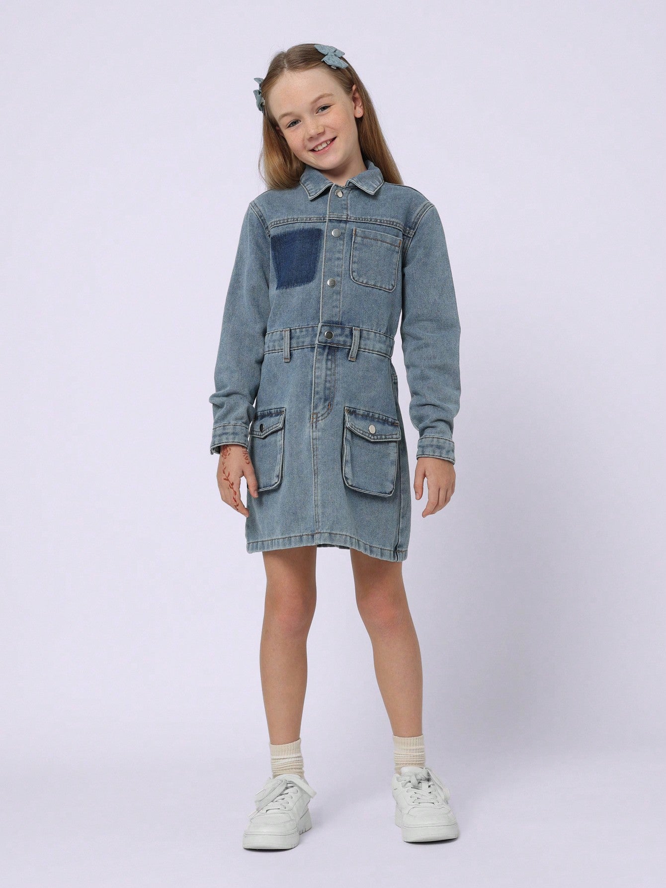 Tween Girls Relaxed Washed Denim Shirt Utility Dress