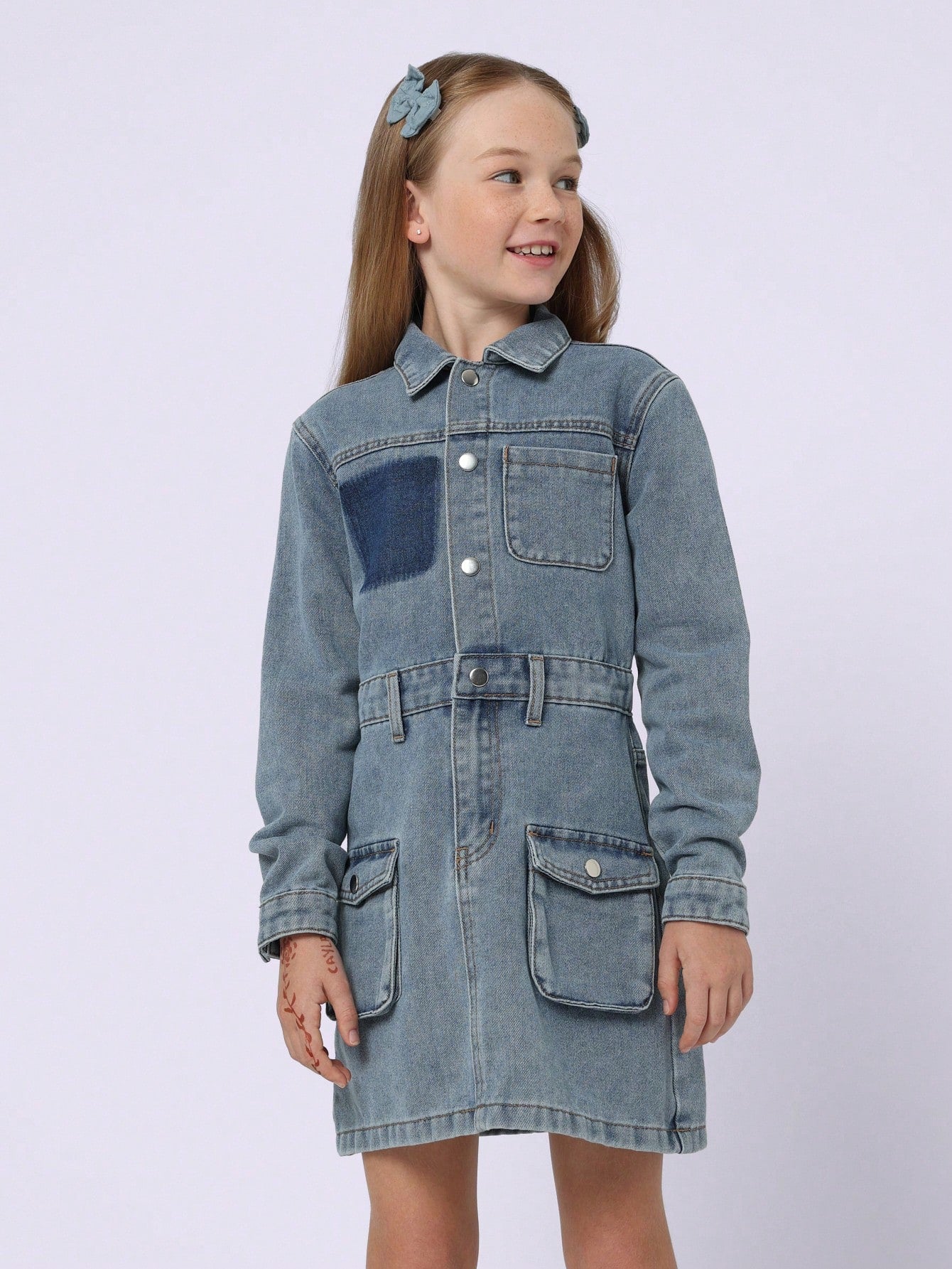 Tween Girls Relaxed Washed Denim Shirt Utility Dress