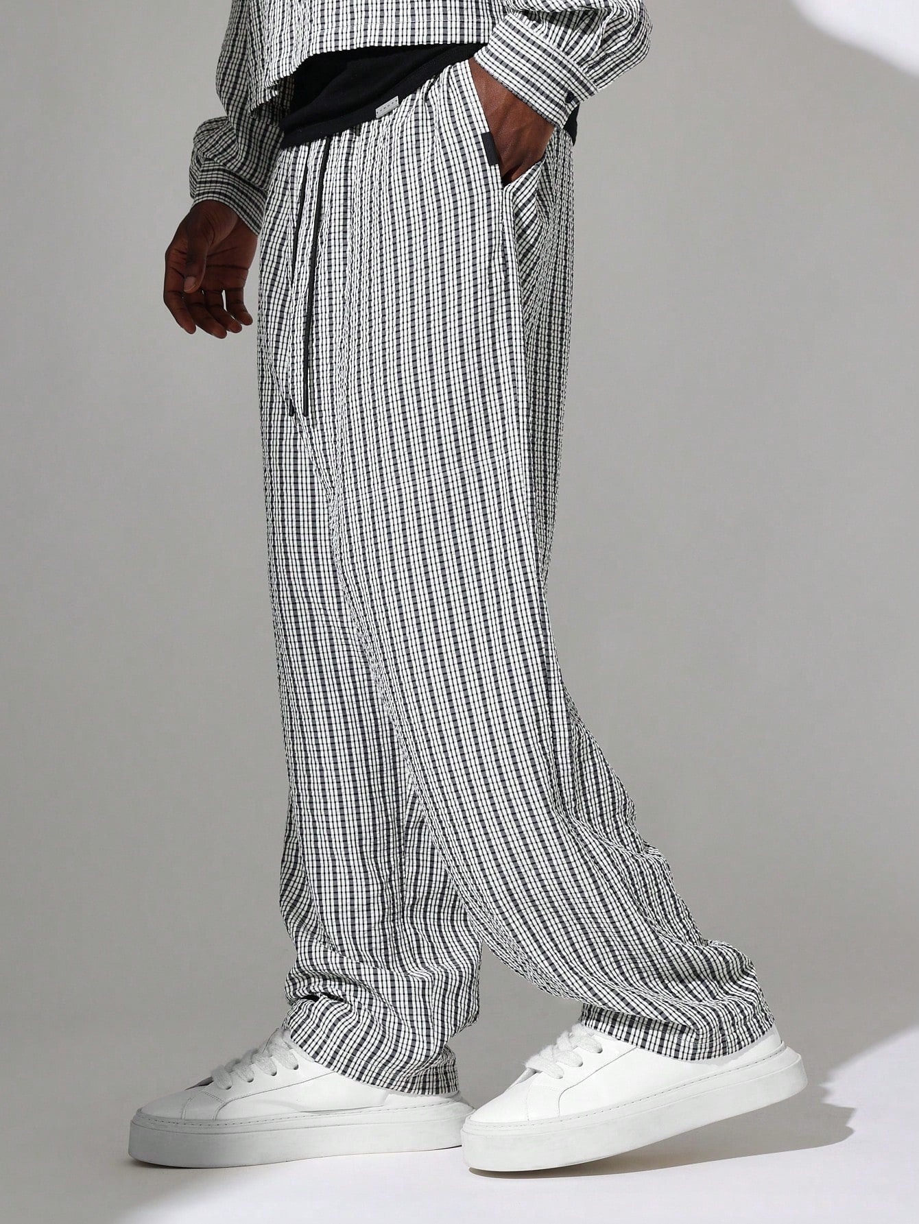 Crop Fit Checkered Long Sleeve Shirt And Loose Fit Pants 2 Piece Set