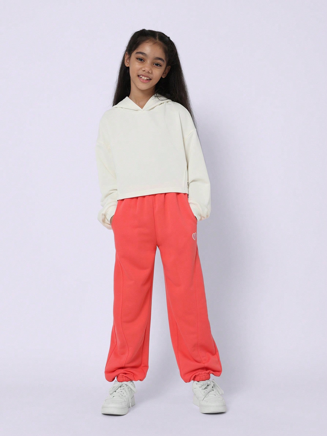 Tween Girls Comfy Straight Fit Seam Detail Jogger With Heart Badge Embroidery