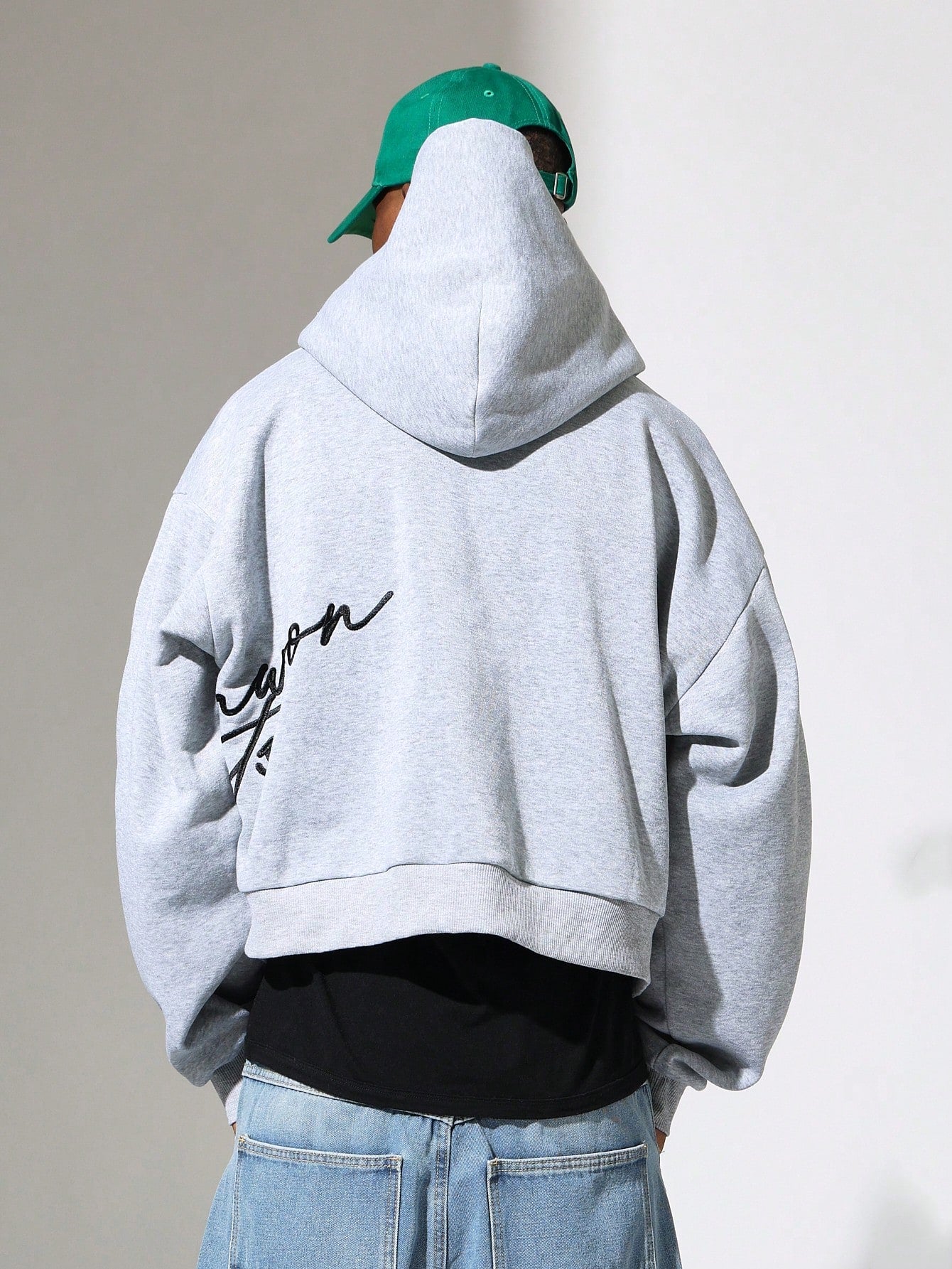 Crop Fit Overhead Hoodie With Script Embroidery Pattern