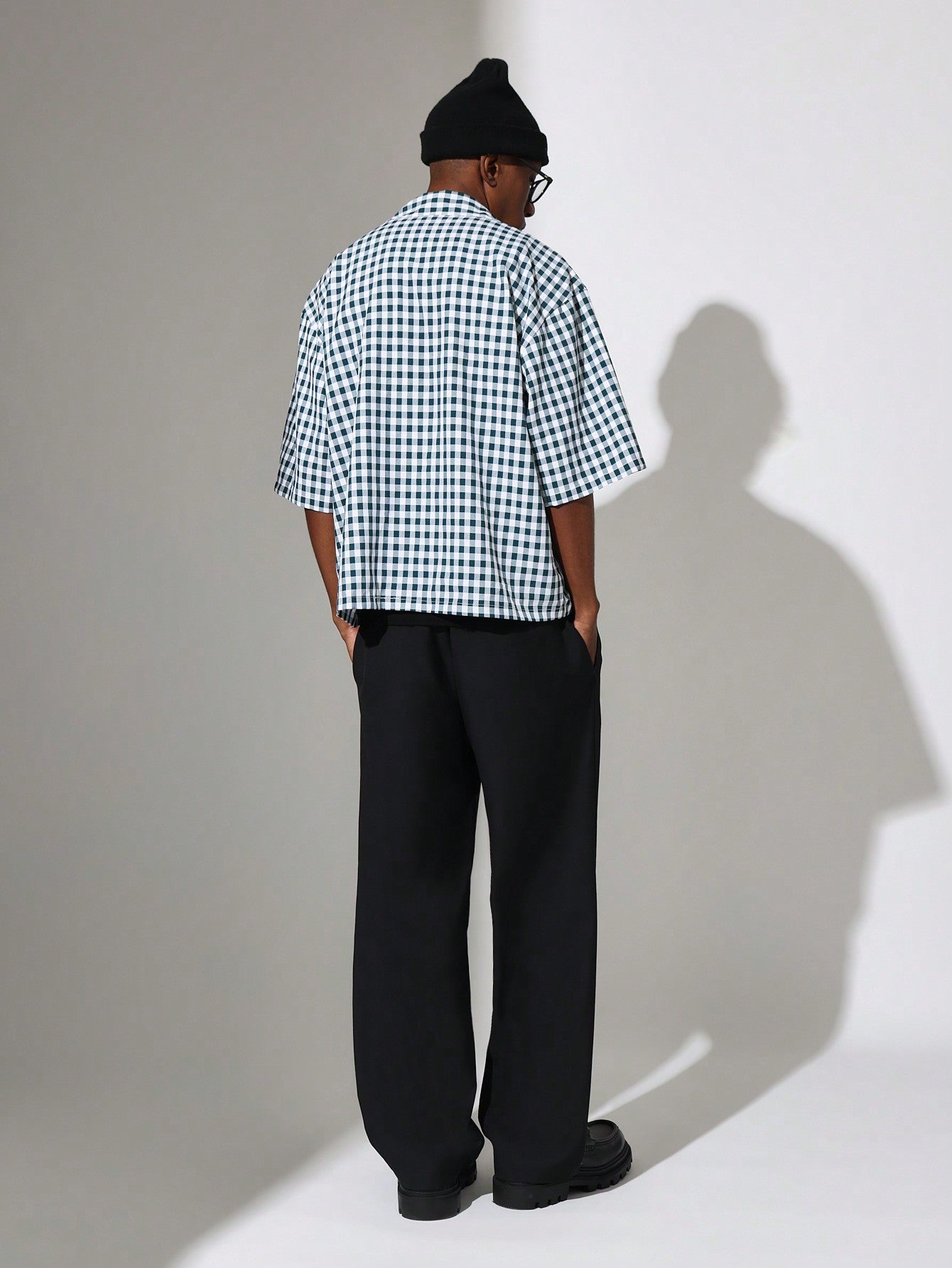 Boxy Fit Elbow Sleeve Revere Collar Gingham Shirt