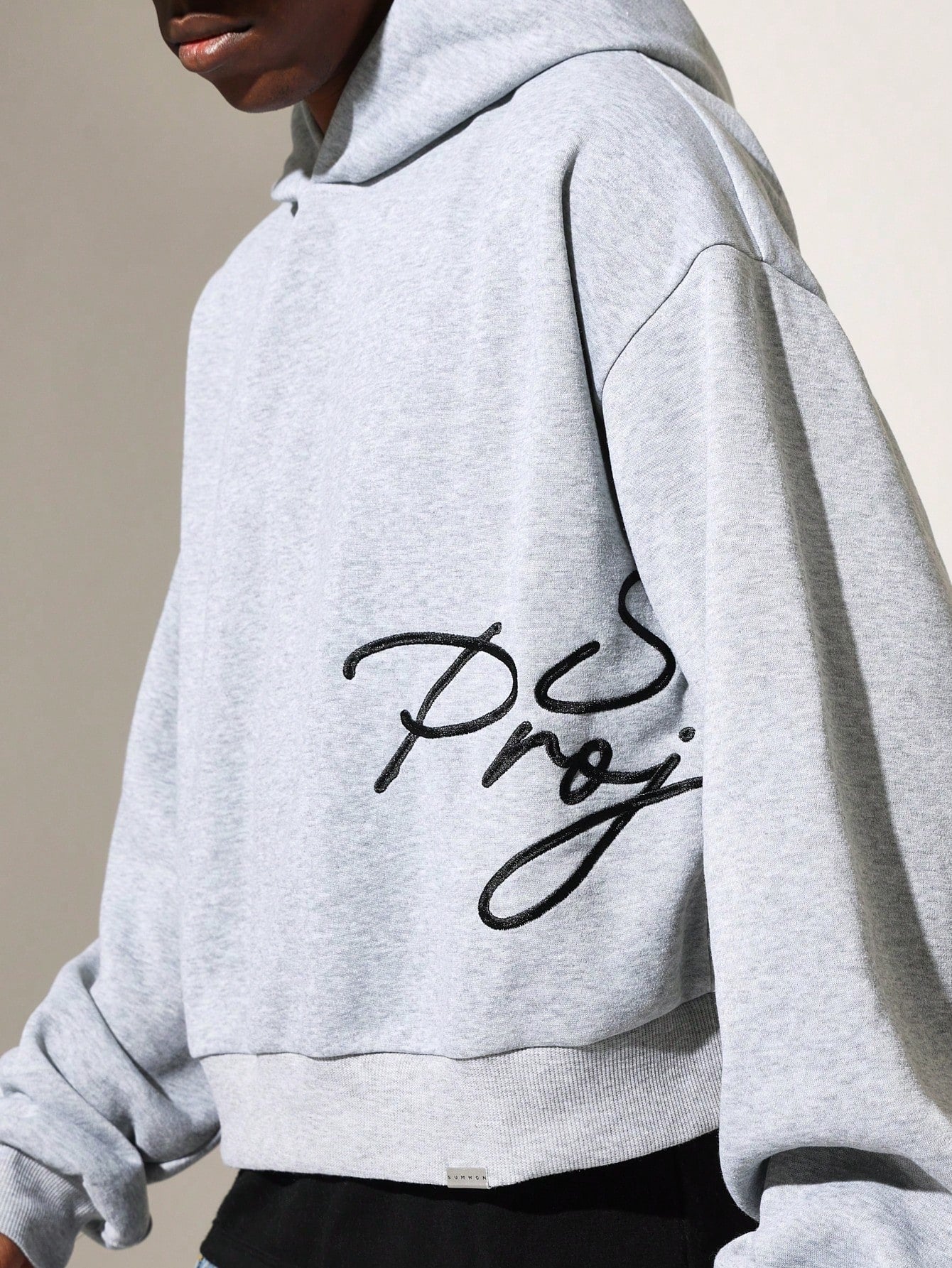 Crop Fit Overhead Hoodie With Script Embroidery Pattern