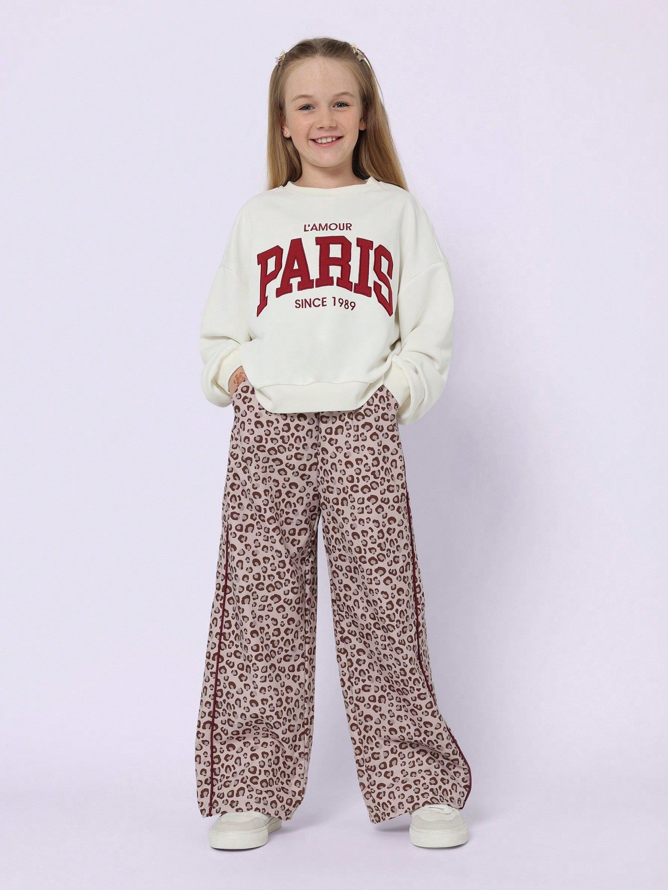 Tween Girls Comfy Regular Fit Sweatshirt With Paris Graphic Print And Leopard Printed Pants 2 Piece Set