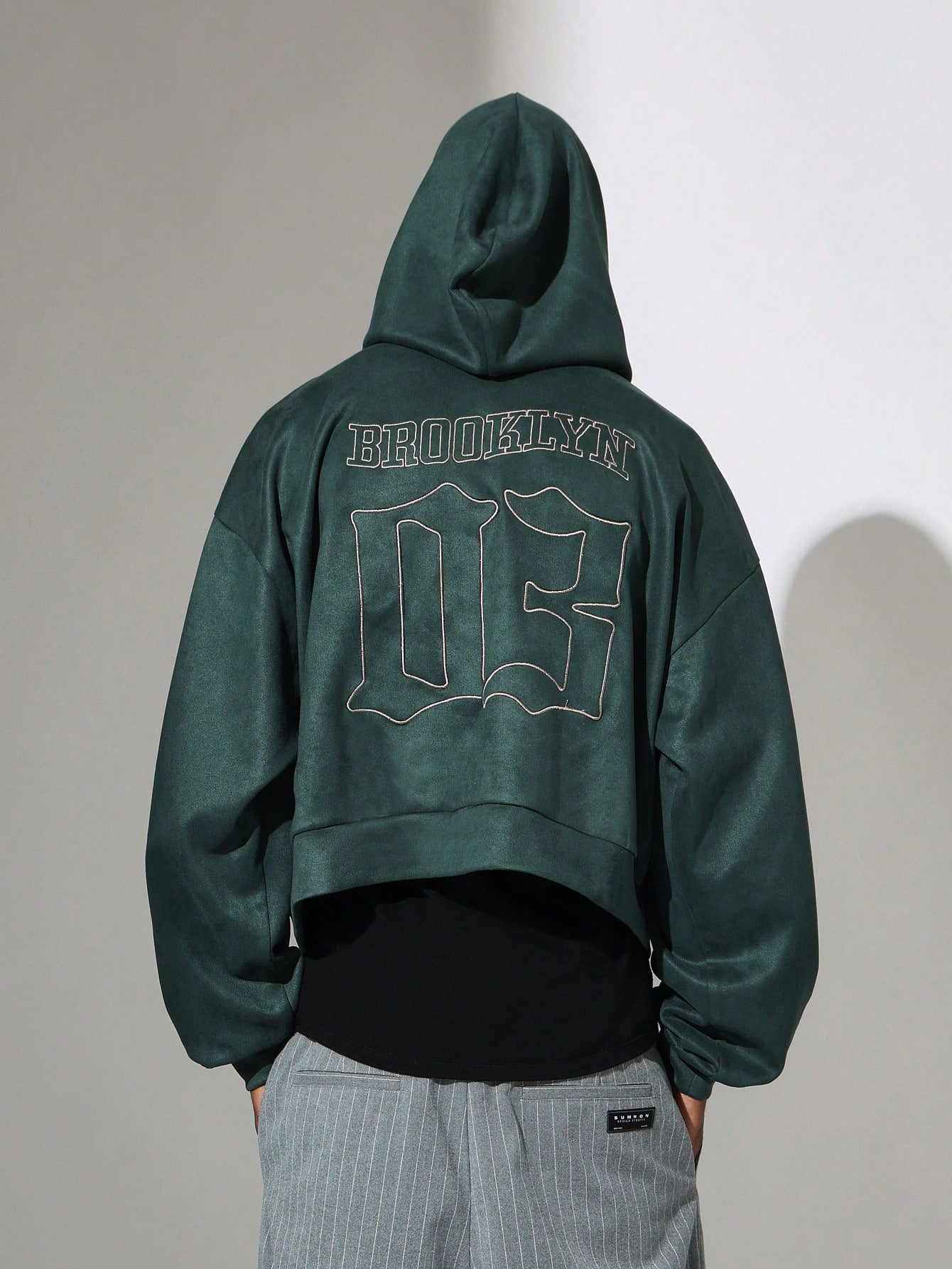 Crop Fit Suedette Overhead Hoodie With Embroidery Pattern