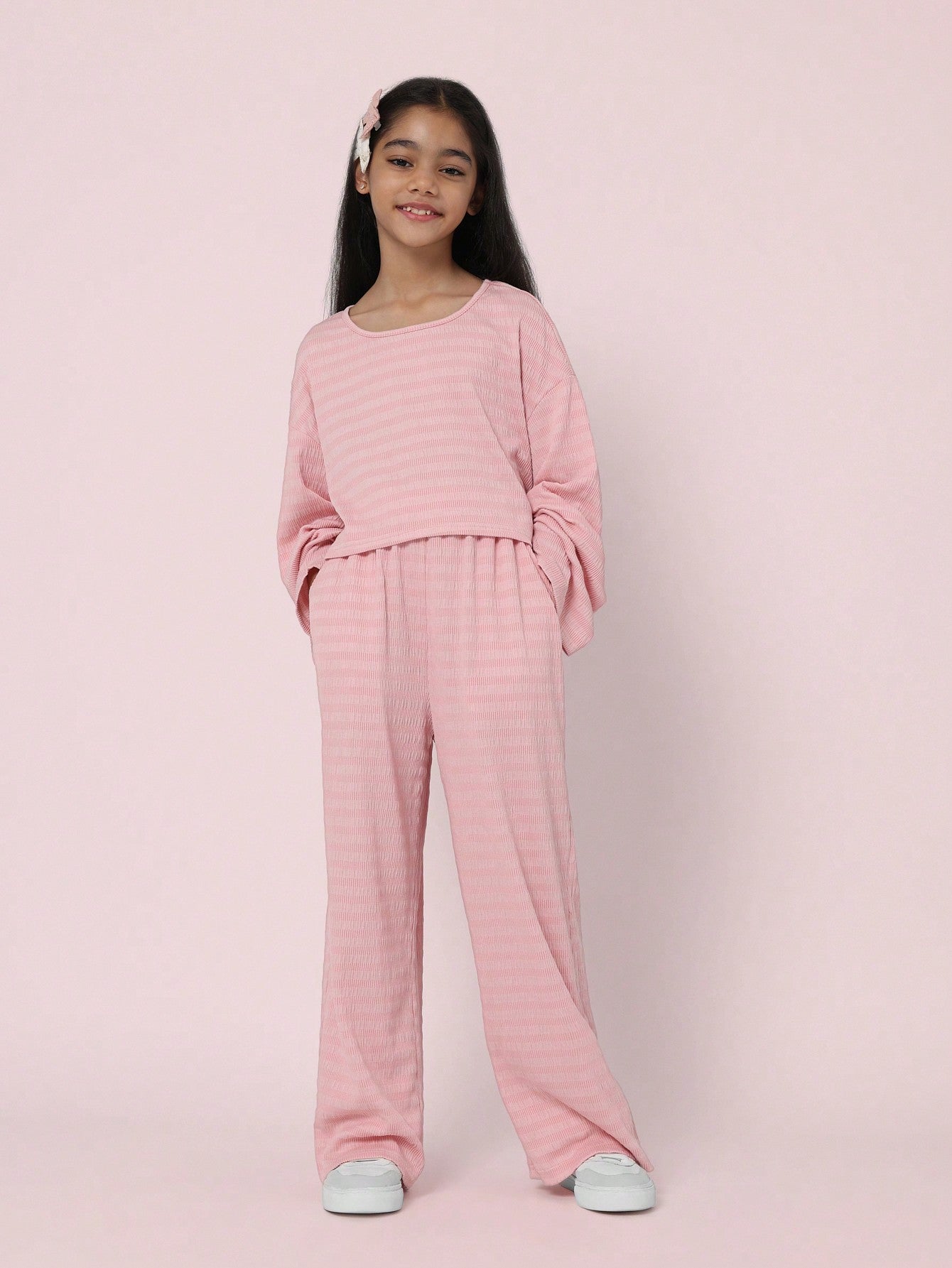 Tween Girls Comfy Pink Crop Fit Textured Long Sleeve Tee And Wide Leg Pant 2 Piece Set