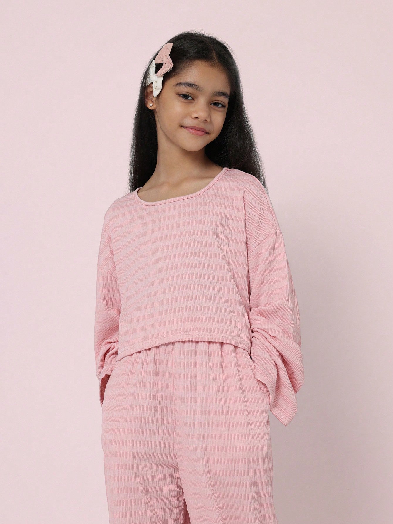 Tween Girls Comfy Pink Crop Fit Textured Long Sleeve Tee And Wide Leg Pant 2 Piece Set