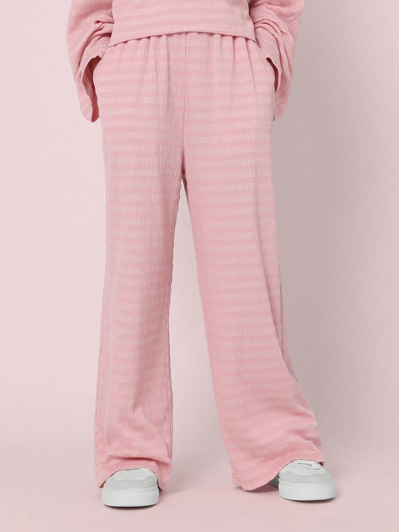 Tween Girls Comfy Pink Crop Fit Textured Long Sleeve Tee And Wide Leg Pant 2 Piece Set