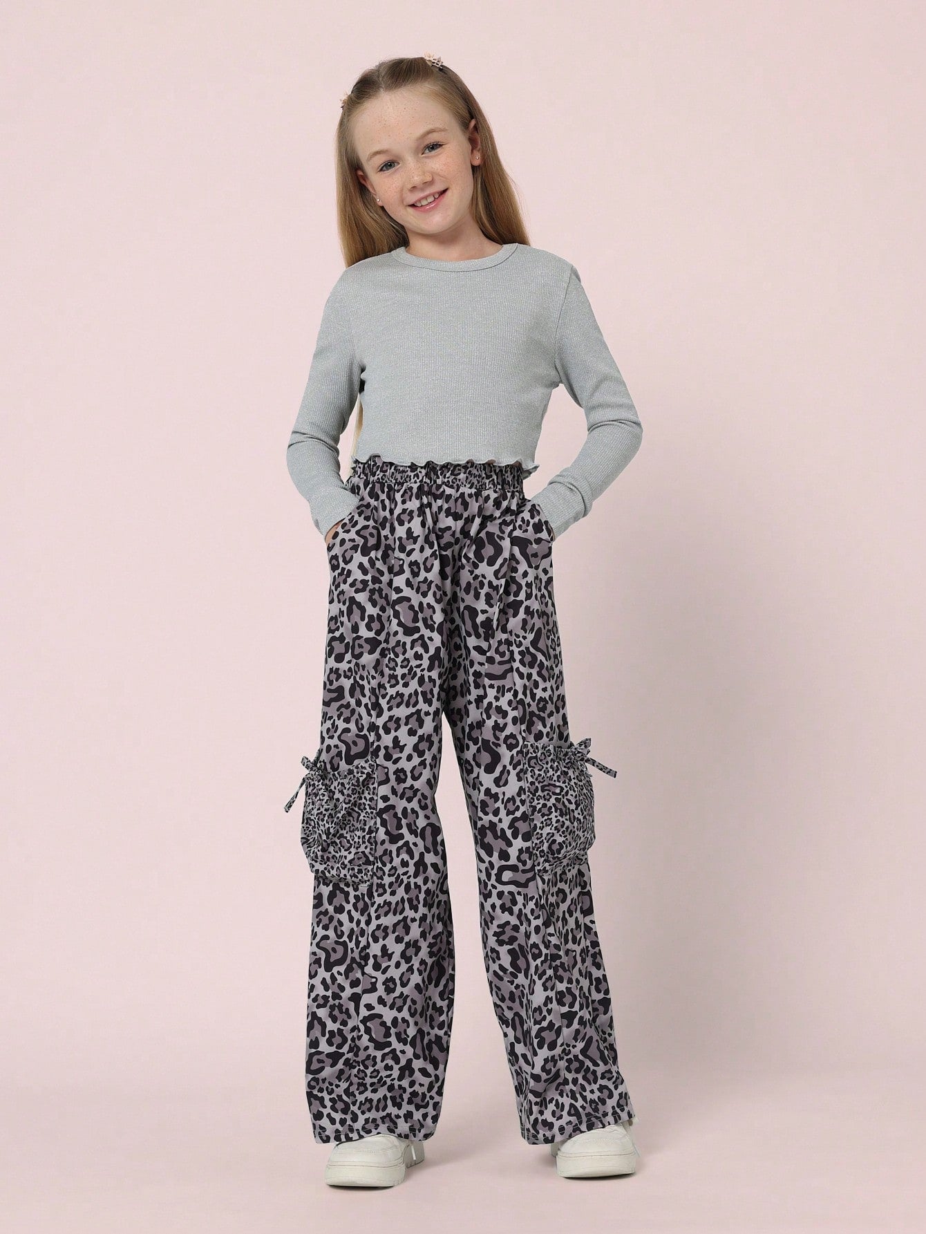 Tween Girls Comfy Slim Fit Crop Long Sleeve Tee And Leopard Printed Bow Pocket Cargo Parachute Pant 2 Piece Set