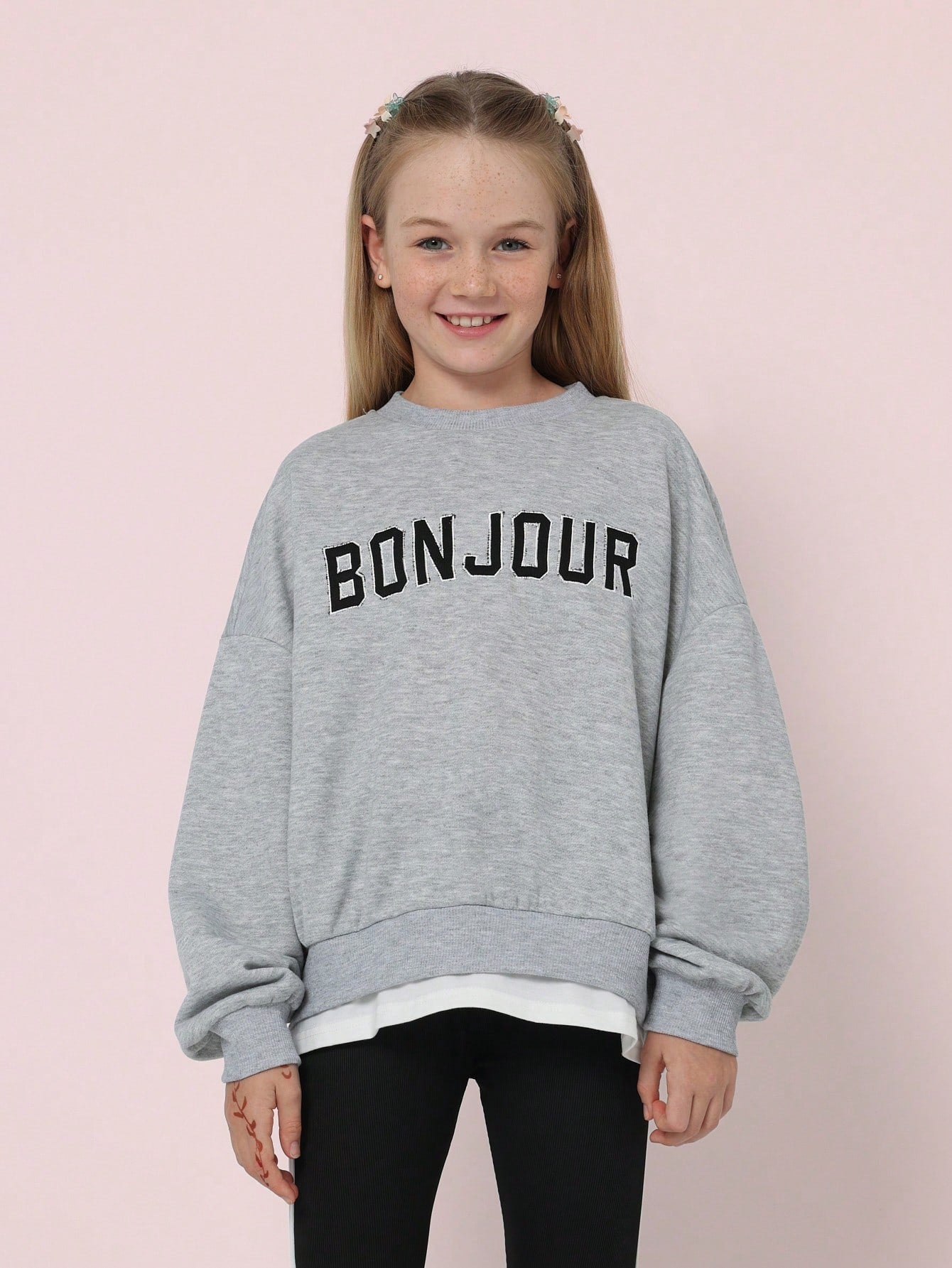 Tween Girls Comfy Grey Marl Oversized Sweater With Graphic Print