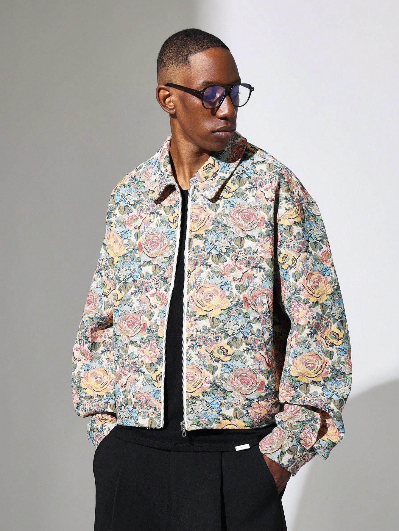 Crop Fit Zip Through Tapestry Harrington Jacket