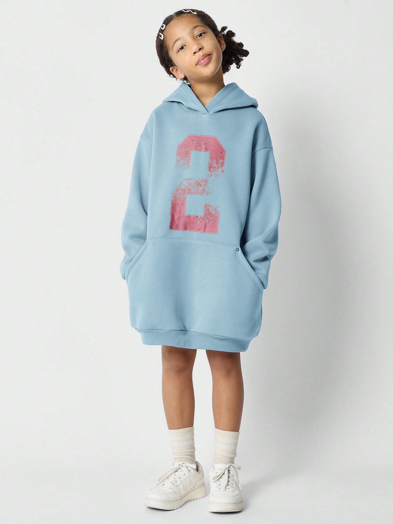 Tween Girls Oversized Hoodie Dress With Front Graphic Print