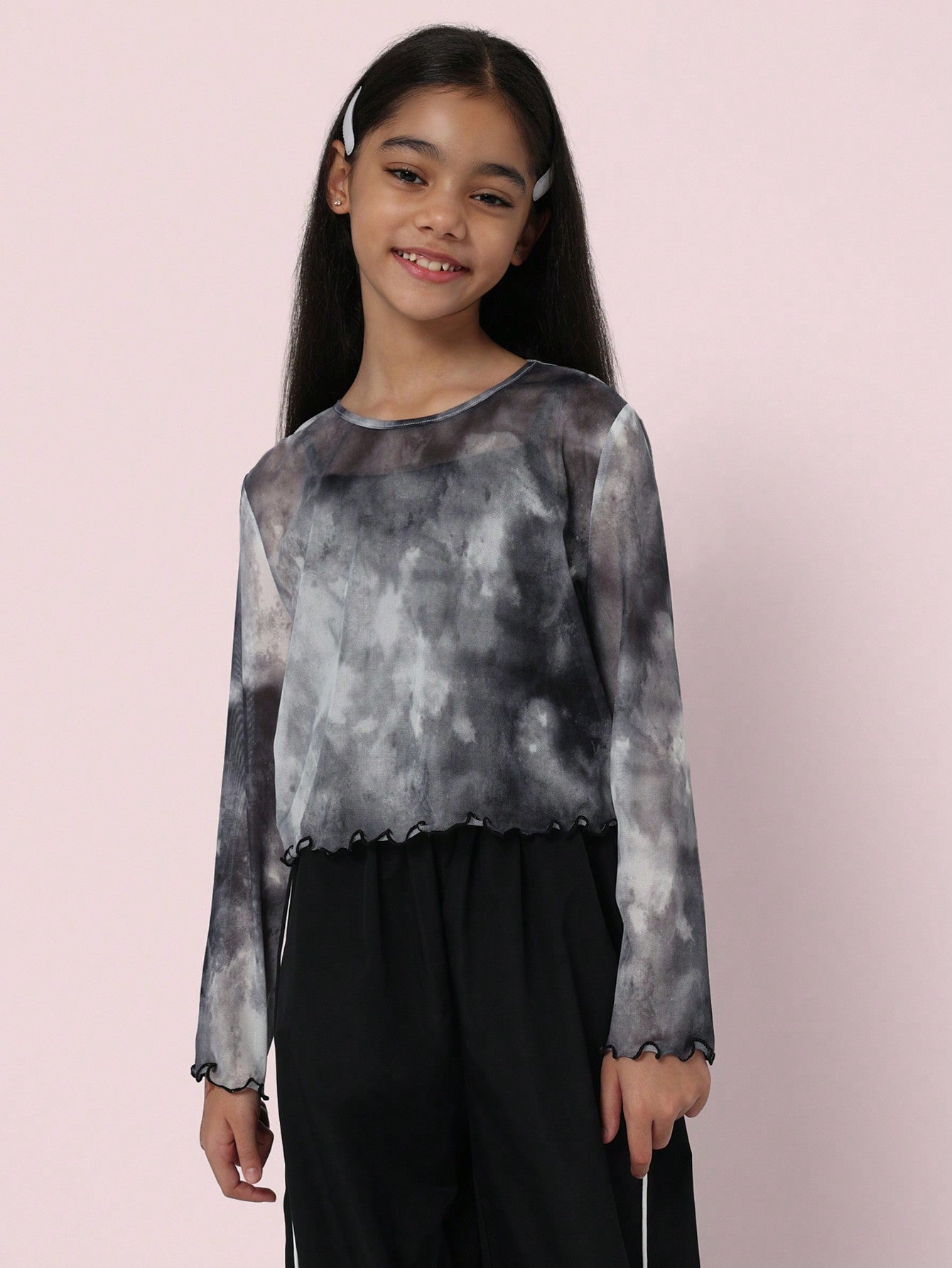 Tween Girls Mesh Tie Dye Long Sleeve Shirt And Tank Top 2 Piece Set