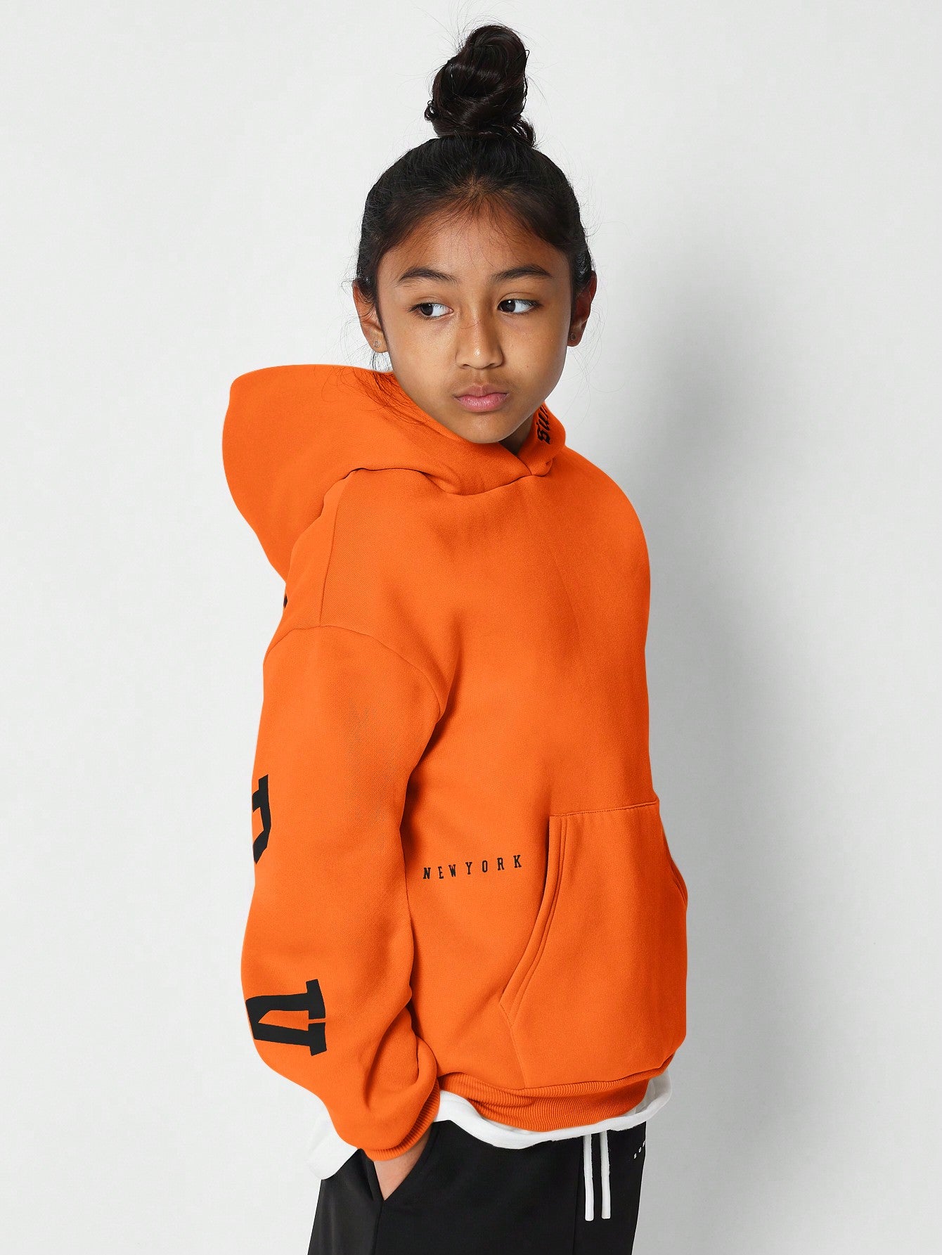 Tween Girls Overhead Hoodie With Immense New York Graphic Print