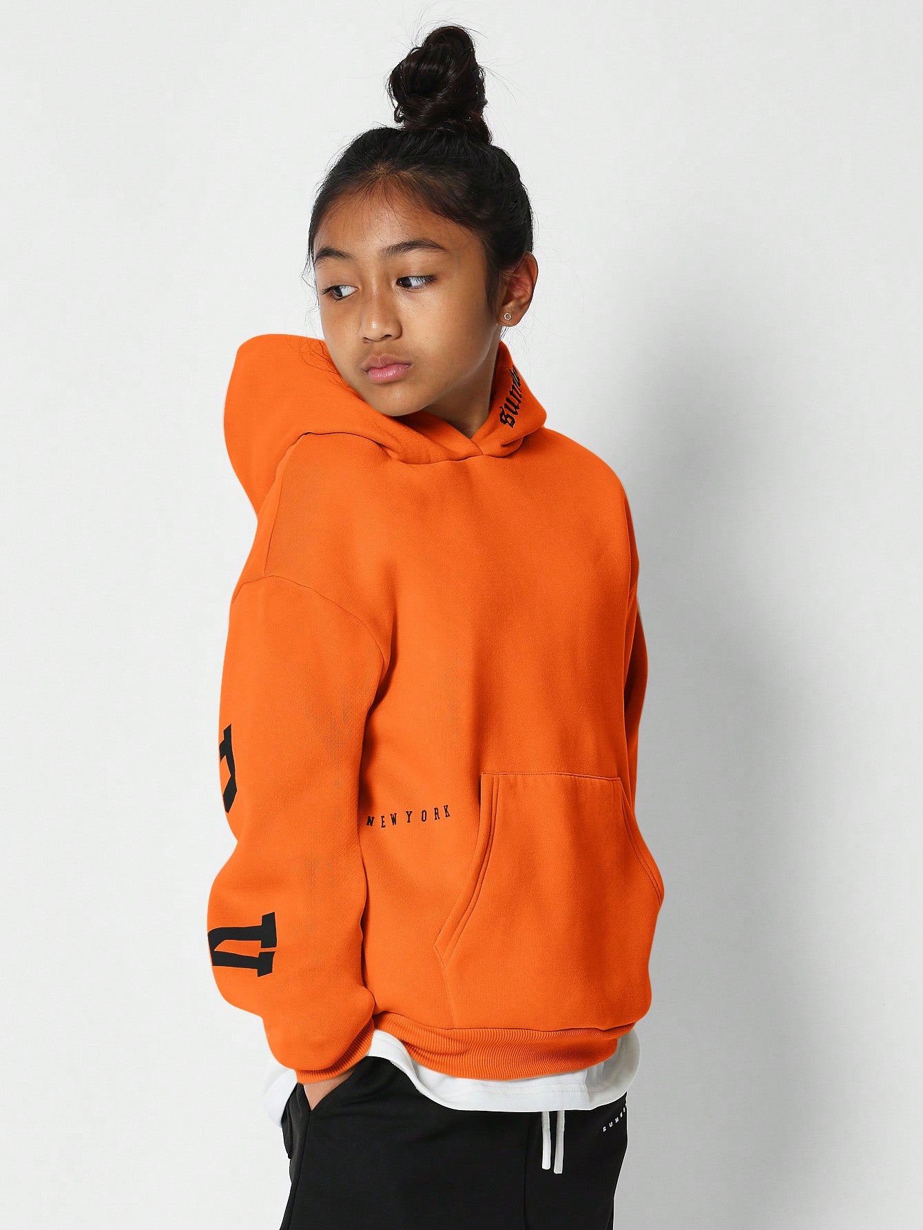 Tween Girls Overhead Hoodie With Immense New York Graphic Print