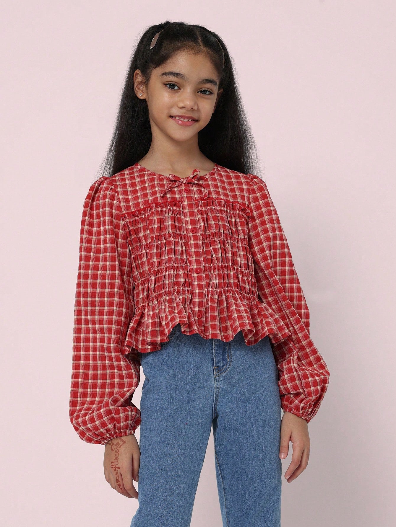 Tween Girls Comfy Checkered Long Sleeve Blouse With Smocking Detail