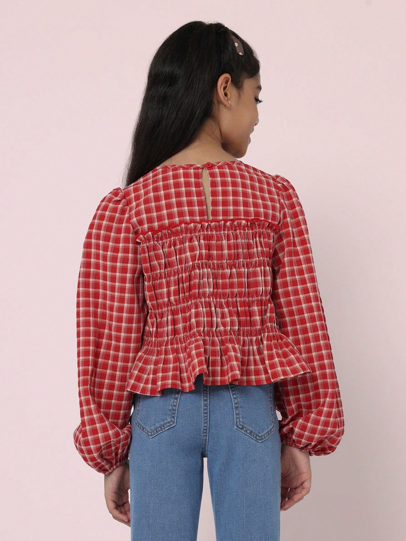 Tween Girls Comfy Checkered Long Sleeve Blouse With Smocking Detail