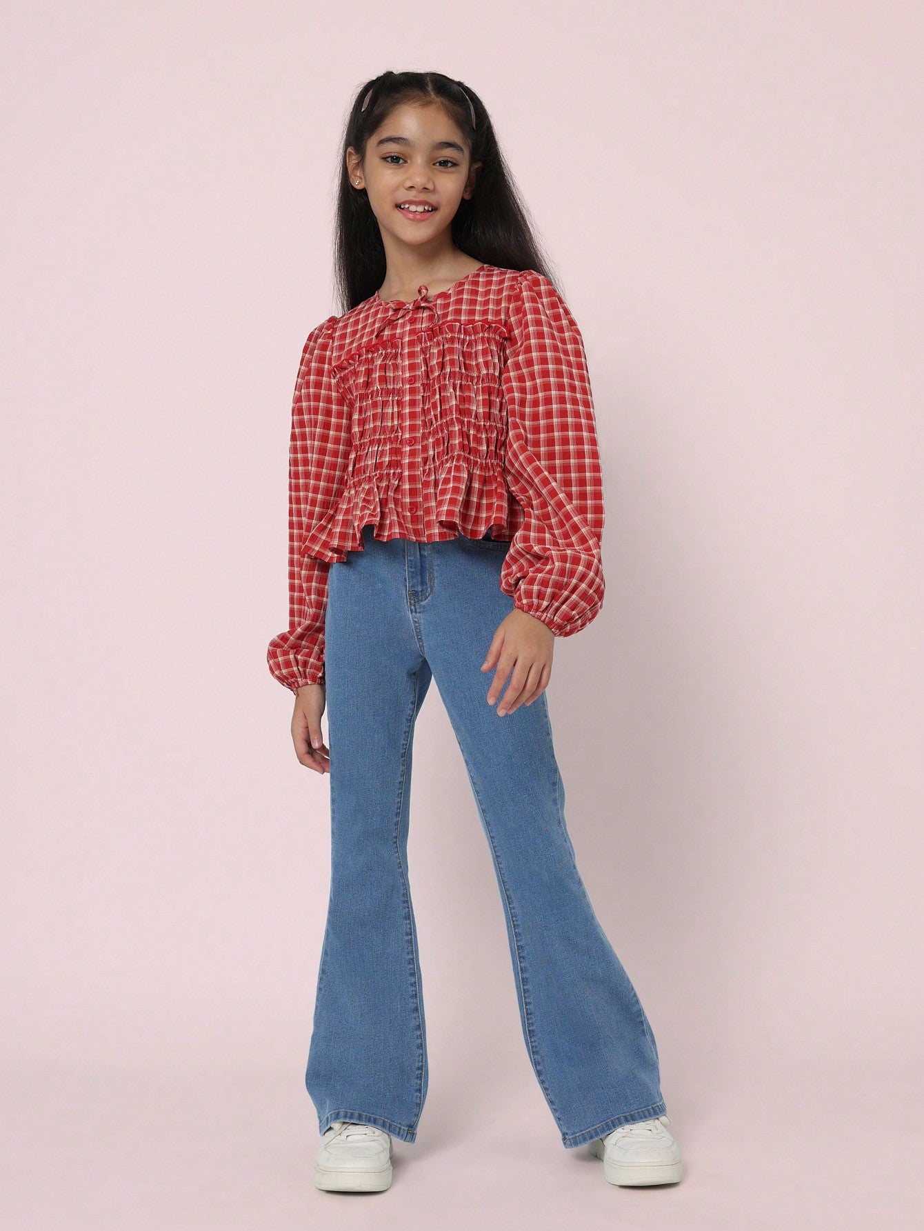 Tween Girls Comfy Checkered Long Sleeve Blouse With Smocking Detail