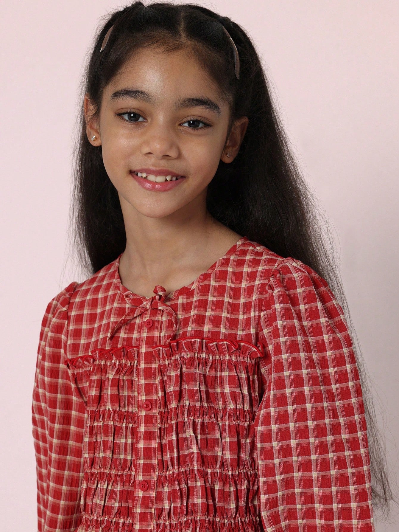 Tween Girls Comfy Checkered Long Sleeve Blouse With Smocking Detail