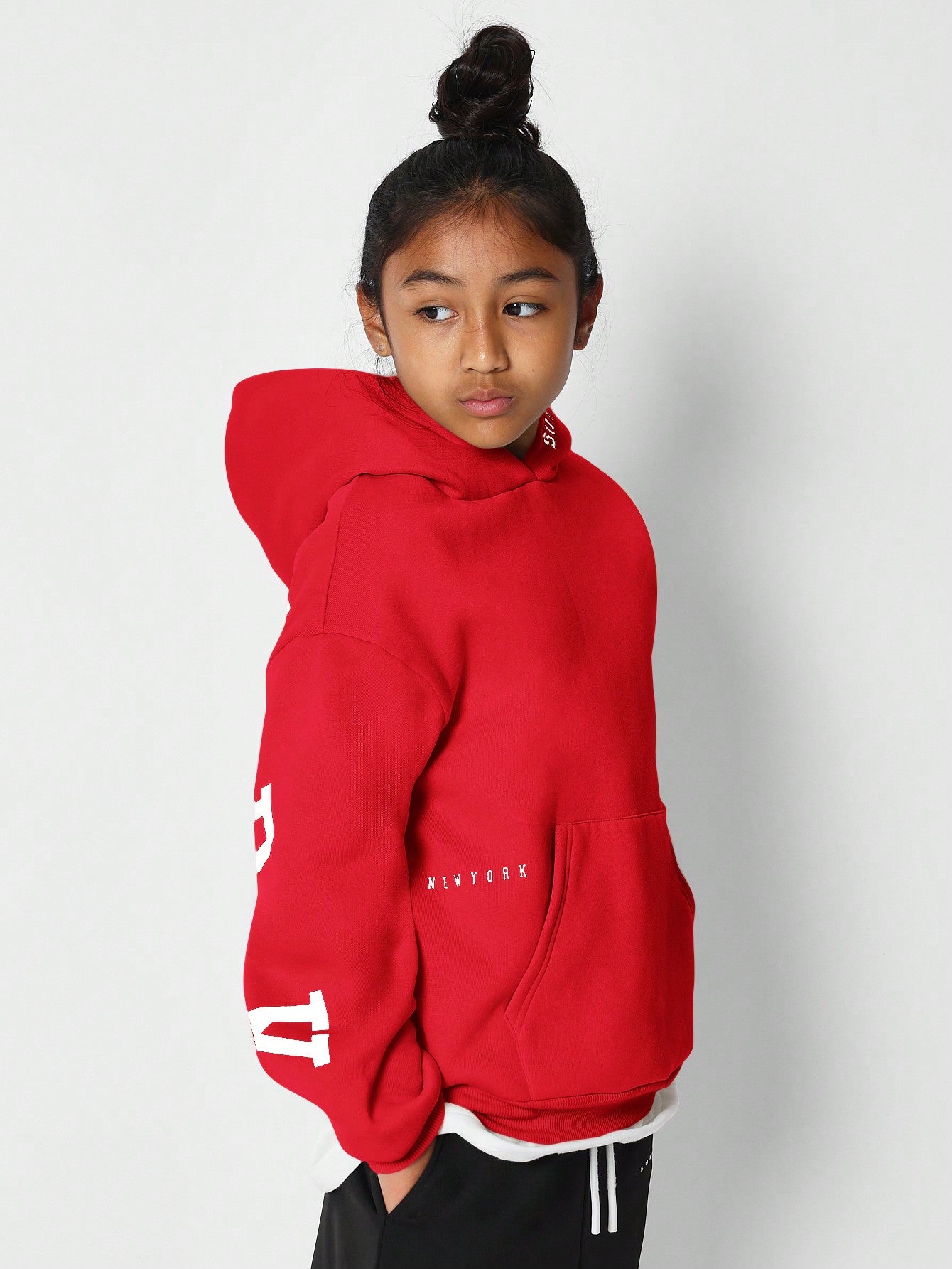 Tween Girls Overhead Hoodie With Immense New York Graphic Print