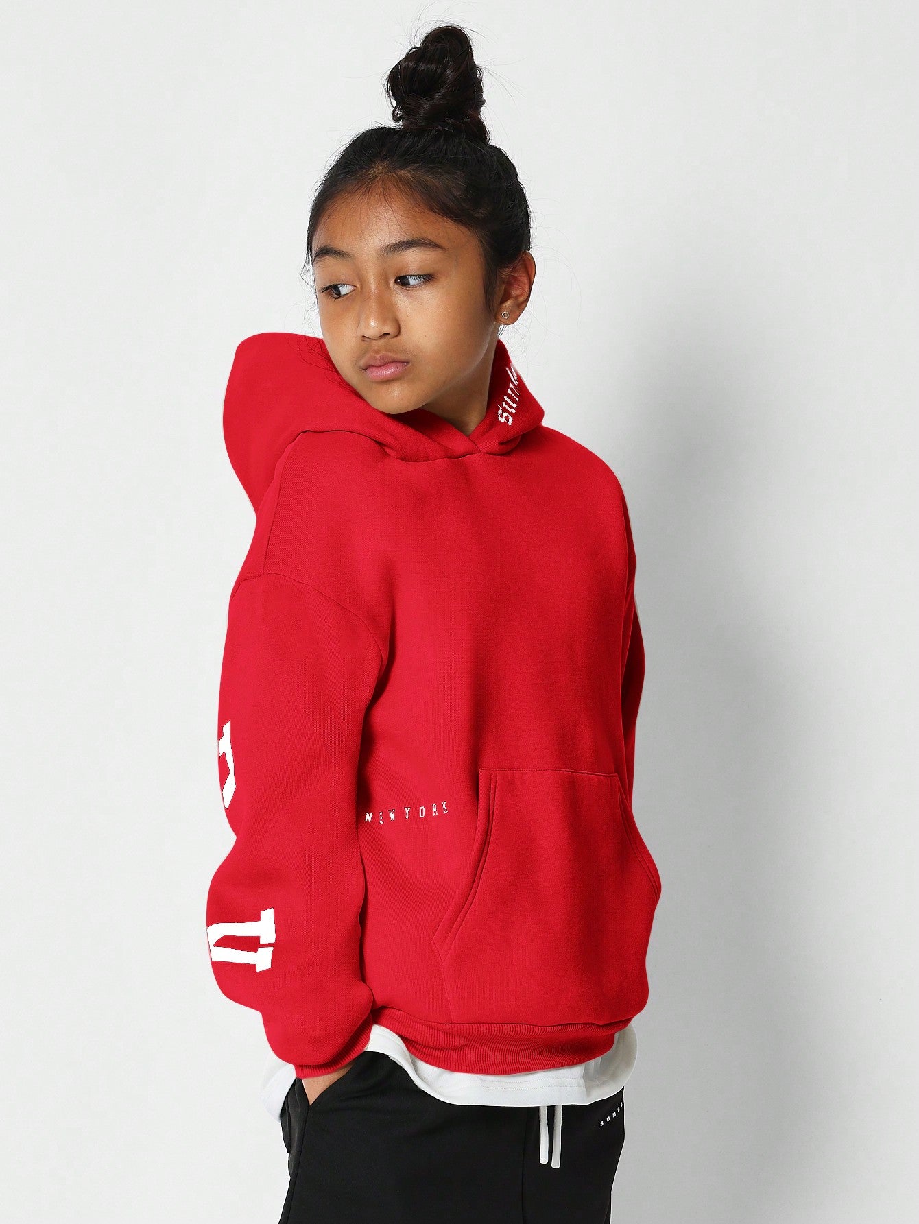 Tween Girls Overhead Hoodie With Immense New York Graphic Print