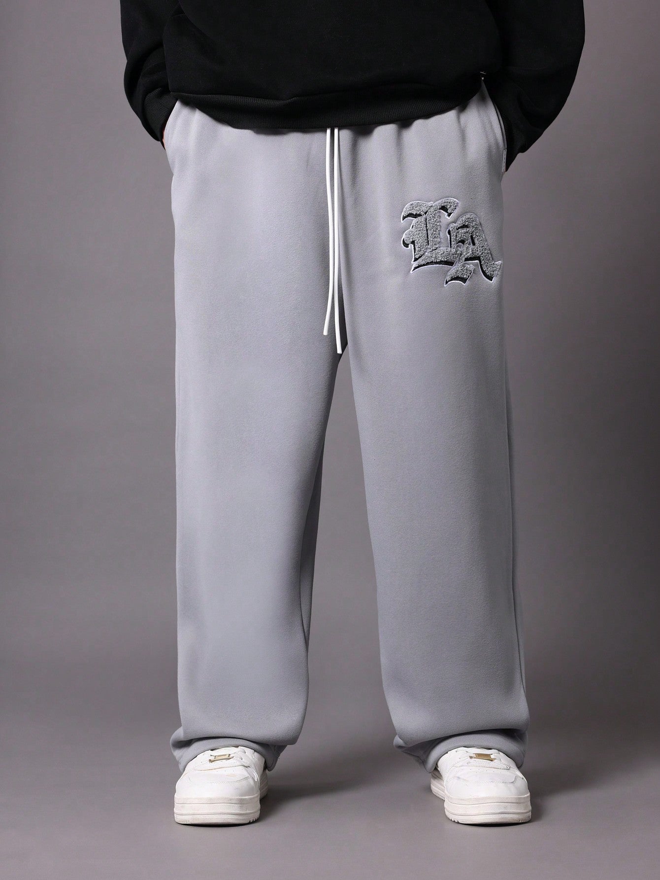 Straight Fit Drop Crotch Sweatpants With Embroidered Applique Pattern