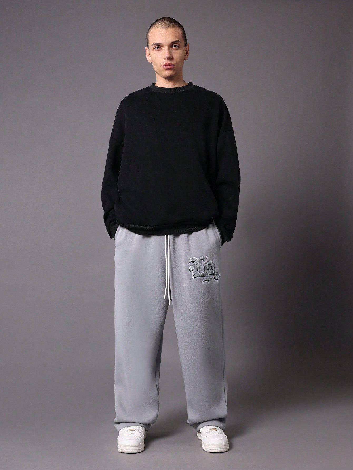 Straight Fit Drop Crotch Sweatpants With Embroidered Applique Pattern