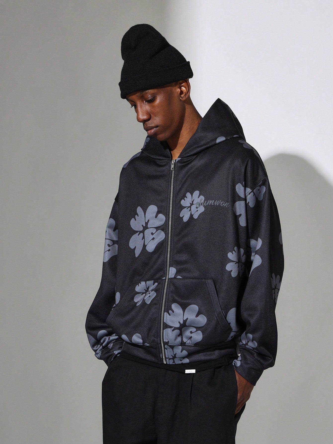 Regular Fit Zip-Up Floral Printed Hoodie