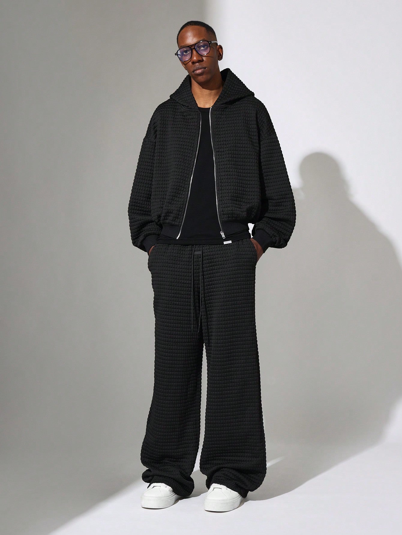 Crop Fit Quilted Zip-Up Hoodie And Loose Fit Baggy Sweatpants 2 Piece Set