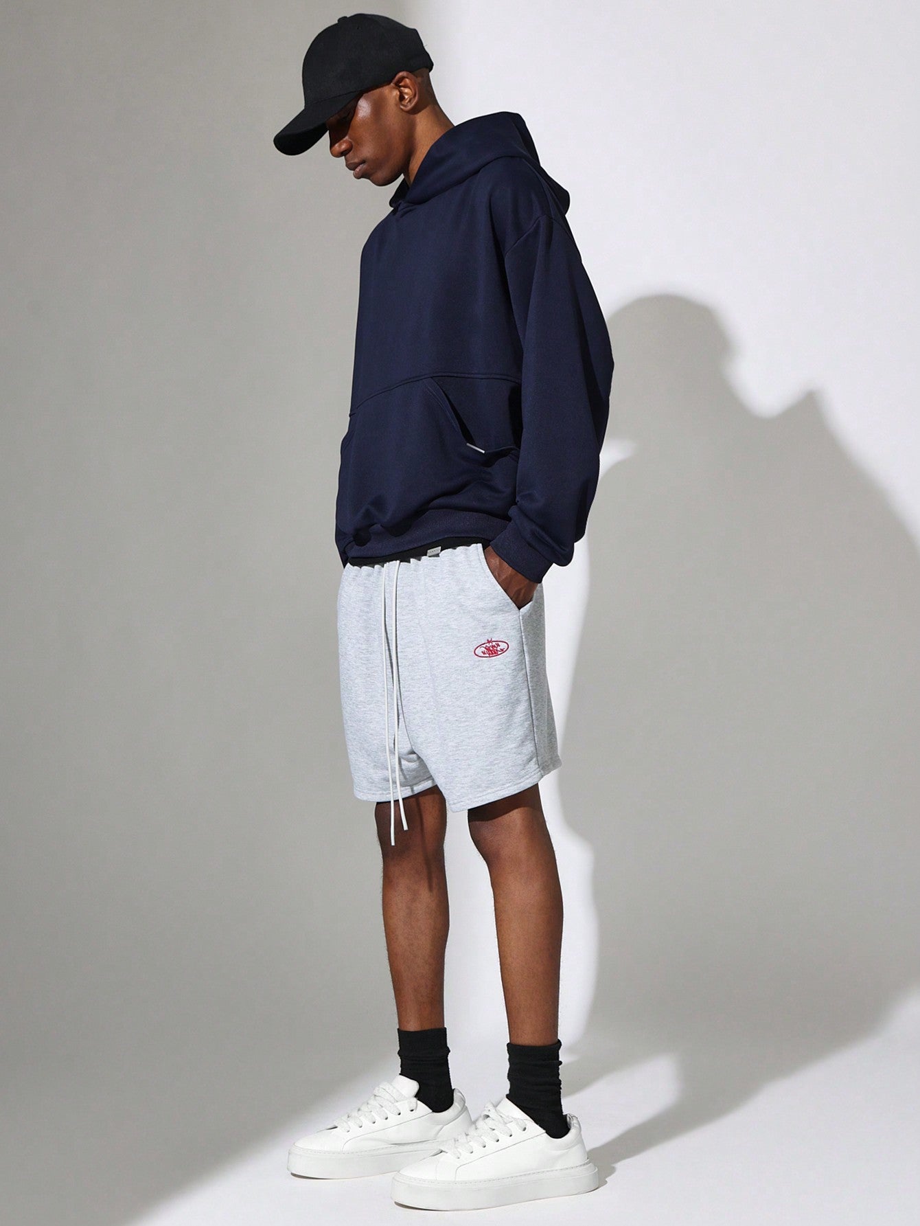 Regular Fit Lightweight Overhead Hoodie And Drop Crotch Shorts With Small Embroidery Pattern & Drawstrings 2 Piece Set