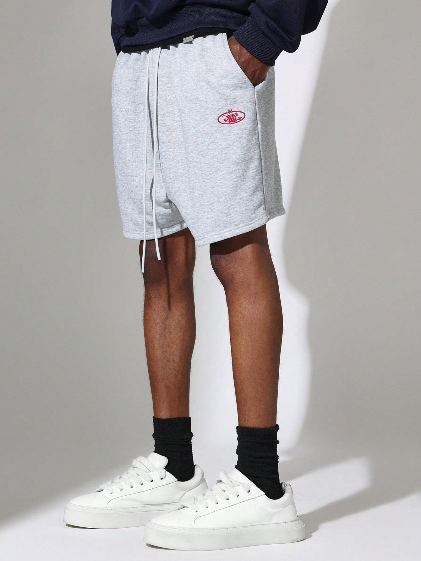 Regular Fit Lightweight Overhead Hoodie And Drop Crotch Shorts With Small Embroidery Pattern & Drawstrings 2 Piece Set